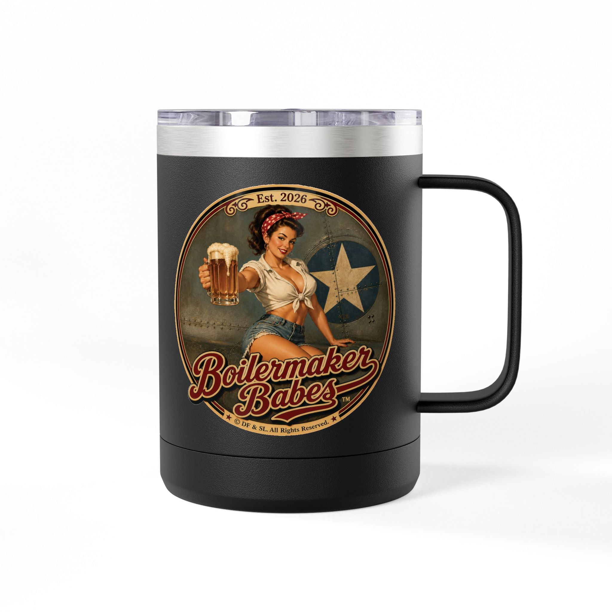 Rivets! (F) – 15oz. Insulated Mug - Boilermaker Babes ™ Vintage Style Pin-Up Art