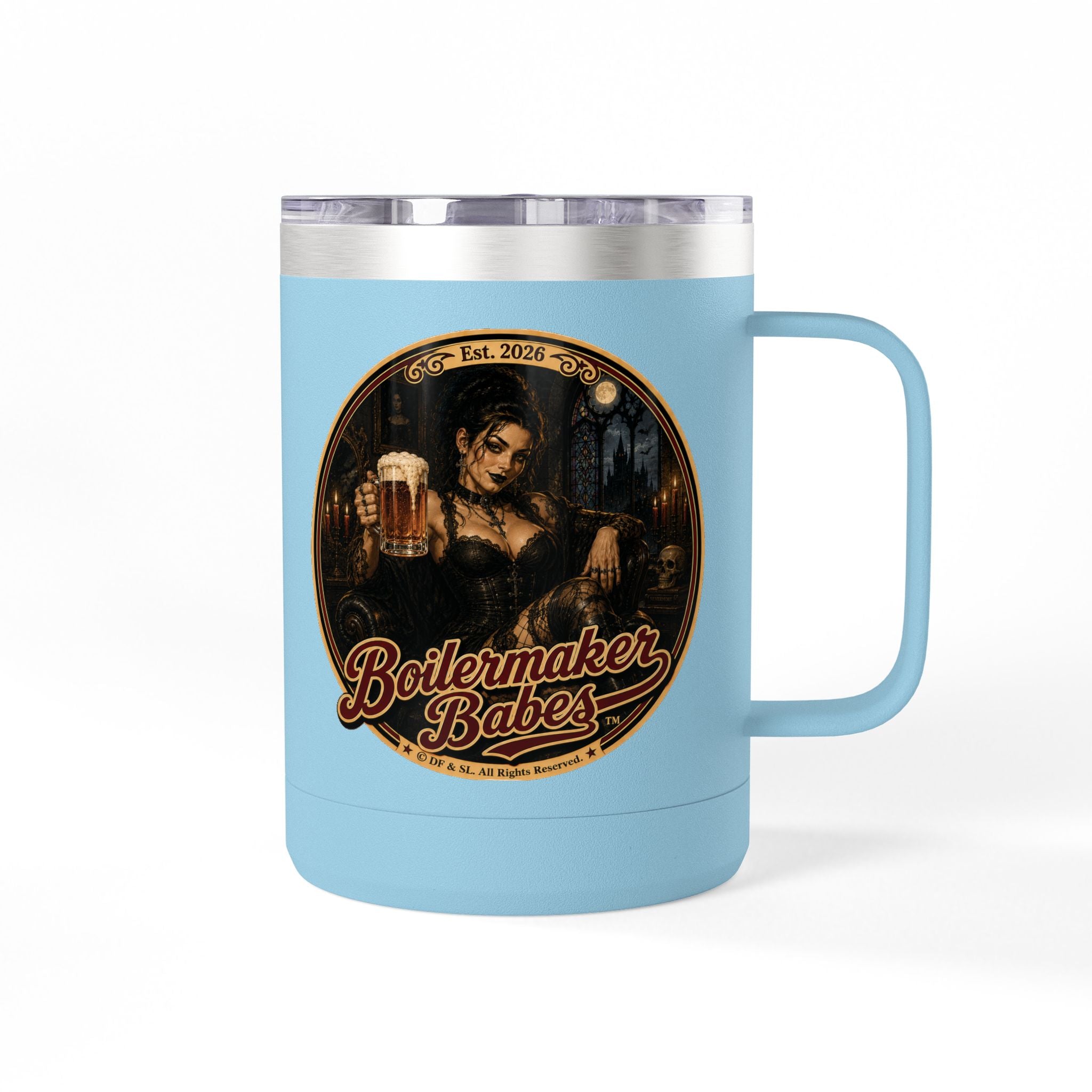 Spooki! (F) – 15oz. Insulated Mug - Boilermaker Babes ™ Vintage Style Pin-Up Art