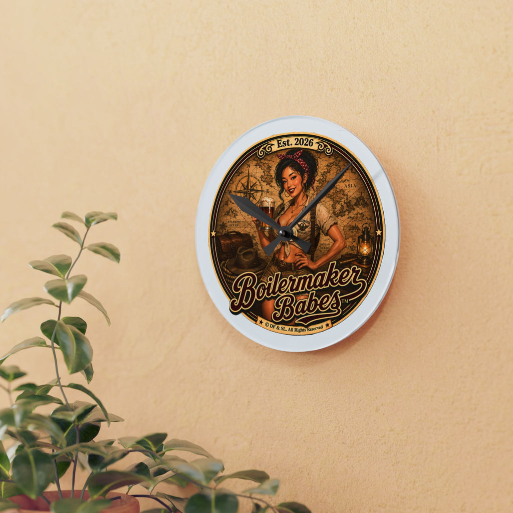 Xplore! (F) Boilermaker Babes ™ Acrylic Wall Clock — Vintage Pin-Up Nautical Decor