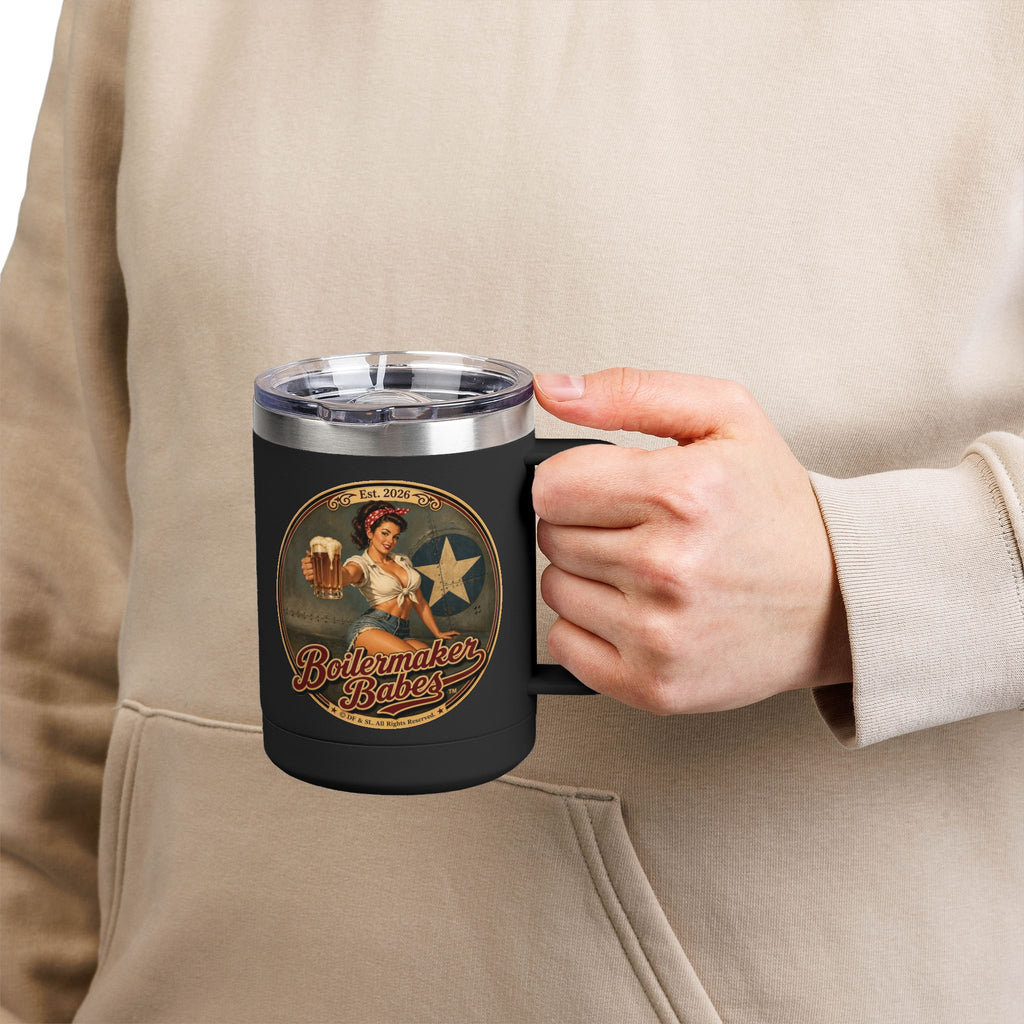 Rivets! (F) – 15oz. Insulated Mug - Boilermaker Babes ™ Vintage Style Pin-Up Art