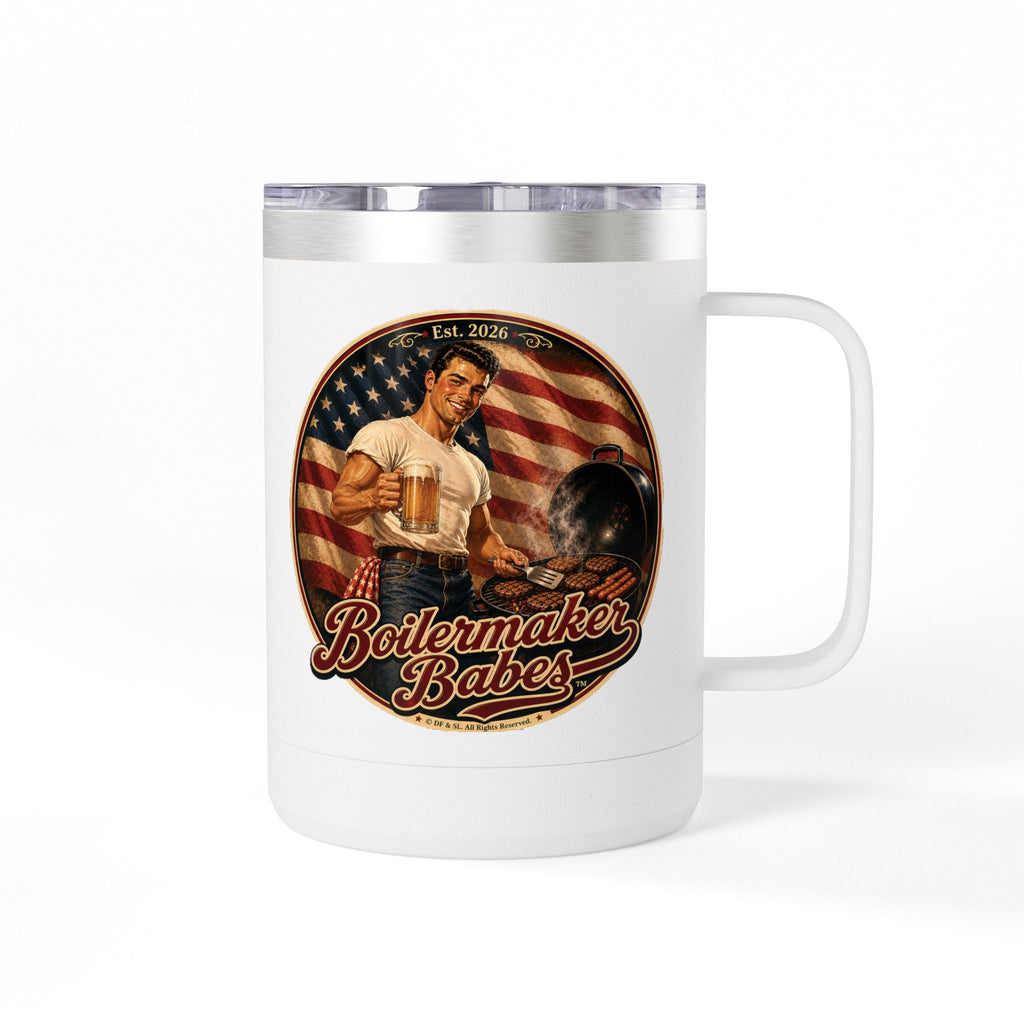 Jon 250! (M) – 15oz. Insulated Mug - Boilermaker Babes ™ Vintage Style Pin-Up Art for 4th July