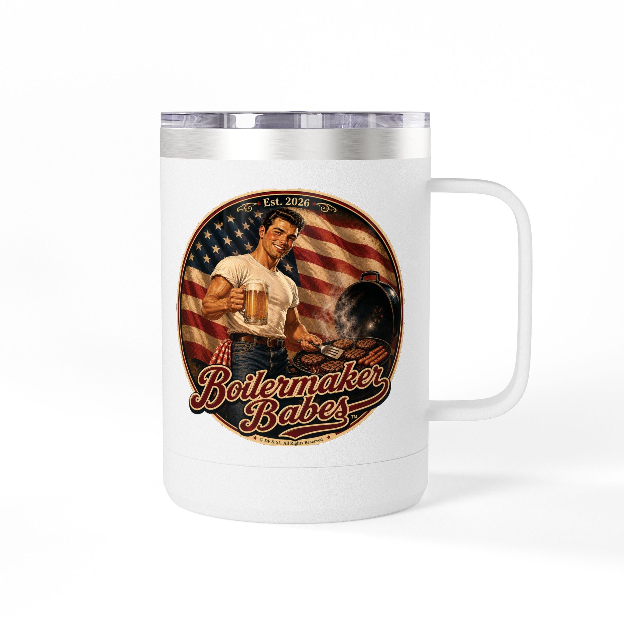 Jon 250! (M) – 15oz. Insulated Mug - Boilermaker Babes ™ Vintage Style Pin-Up Art for 4th July