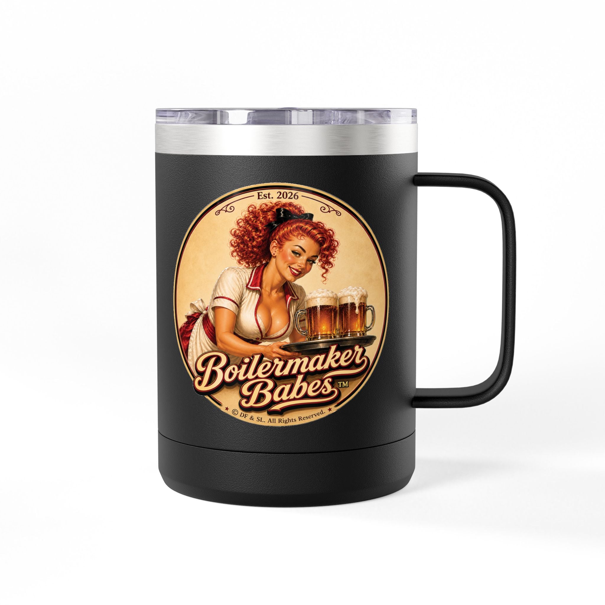 BB! (F) – 15oz. Insulated Mug - Boilermaker Babes ™ Vintage Style Pin-Up Art