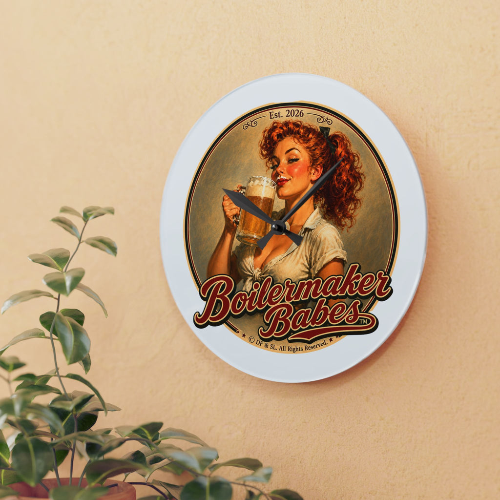 Thursti! (F) Boilermaker Babes ™ Retro Pin-Up Acrylic Wall Clock — Vintage Bar Decor