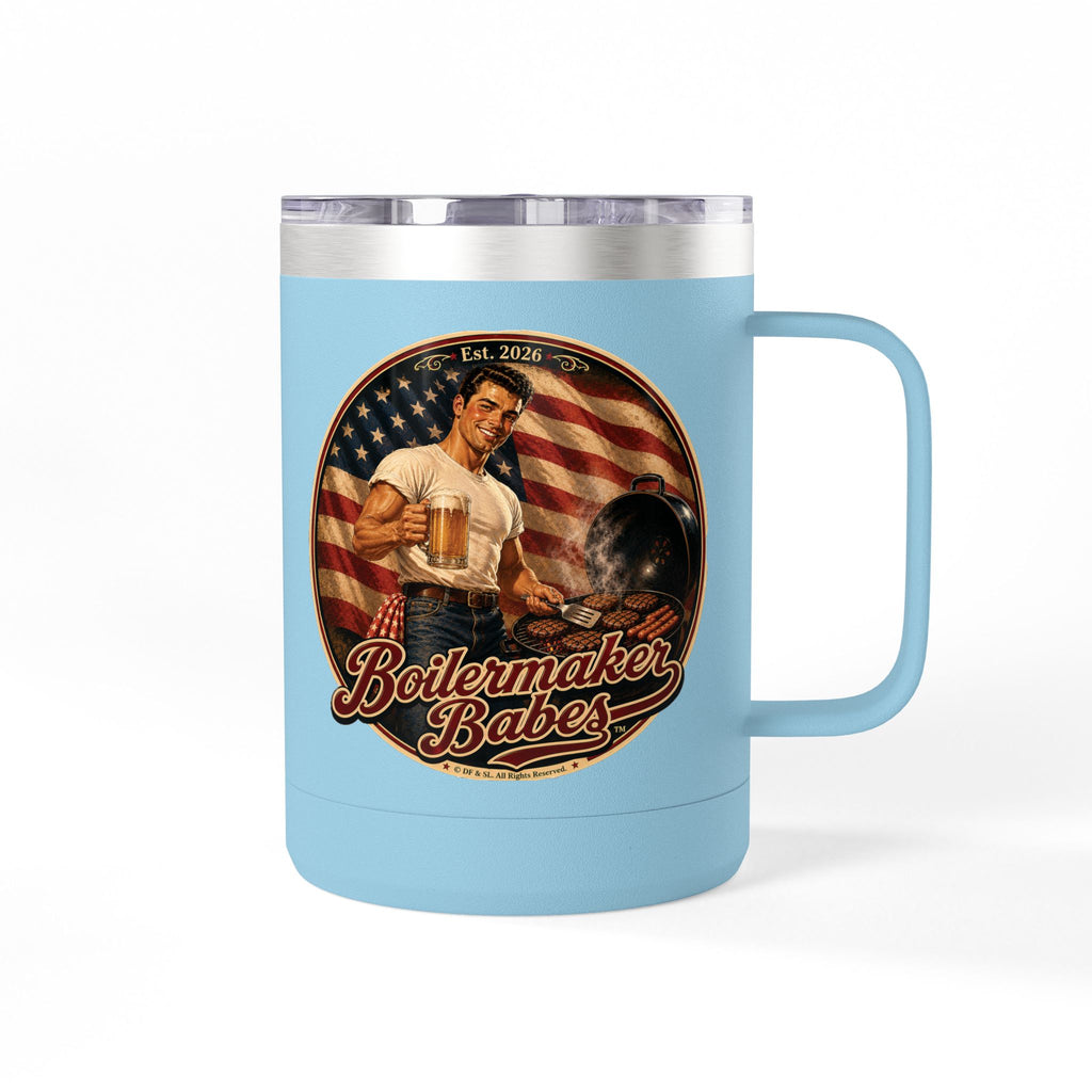 Jon 250! (M) – 15oz. Insulated Mug - Boilermaker Babes ™ Vintage Style Pin-Up Art for 4th July