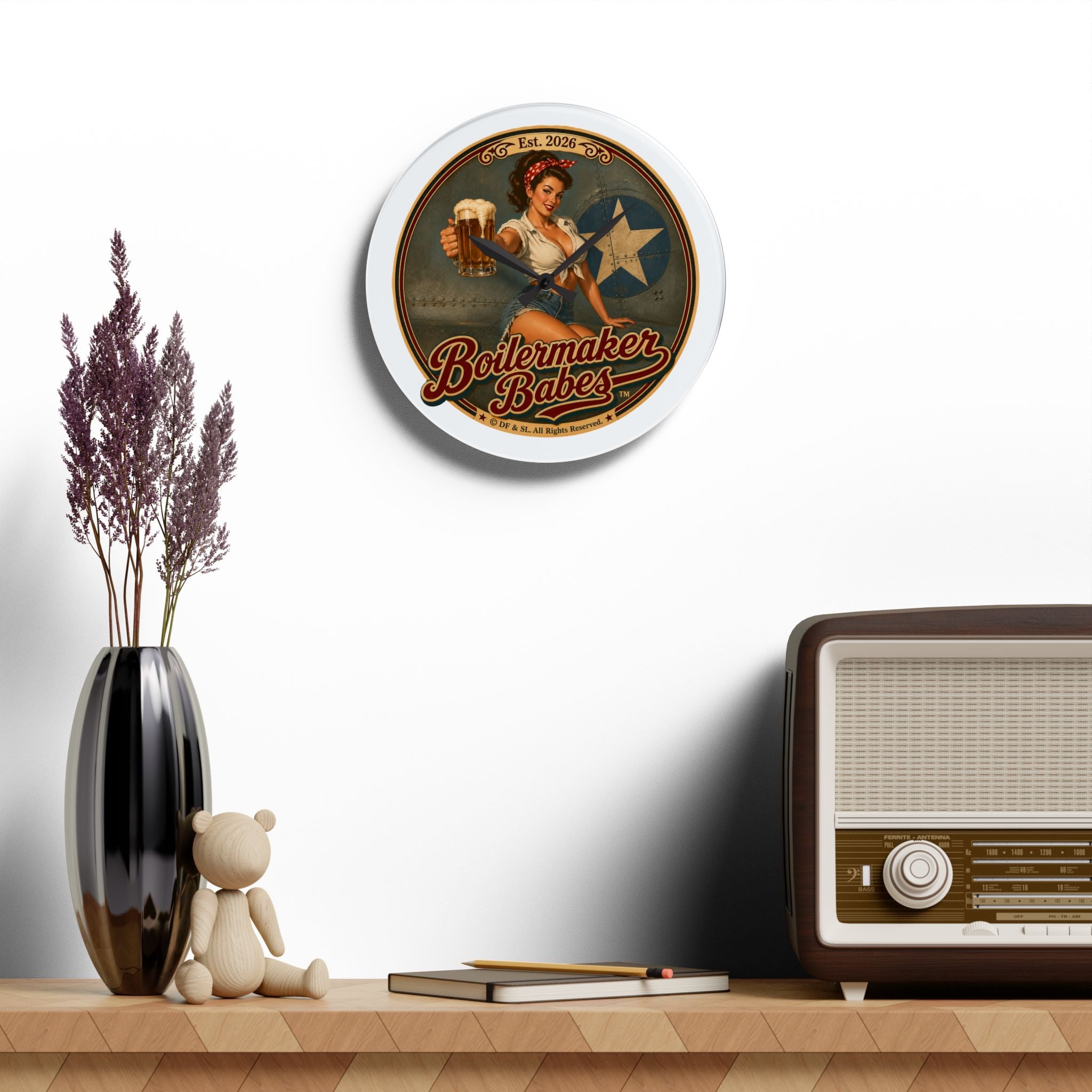 Rivets! (F) Boilermaker Babes ™ Retro Pin-Up Acrylic Wall Clock — Vintage Bar Decor