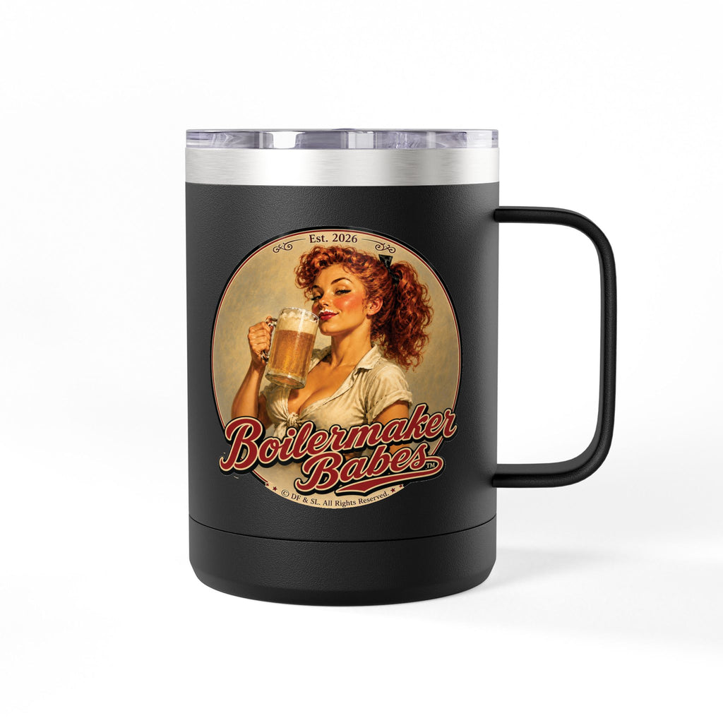 Thursti! (F) – 15oz. Insulated Mug - Boilermaker Babes ™ Vintage Style Pin-Up Art