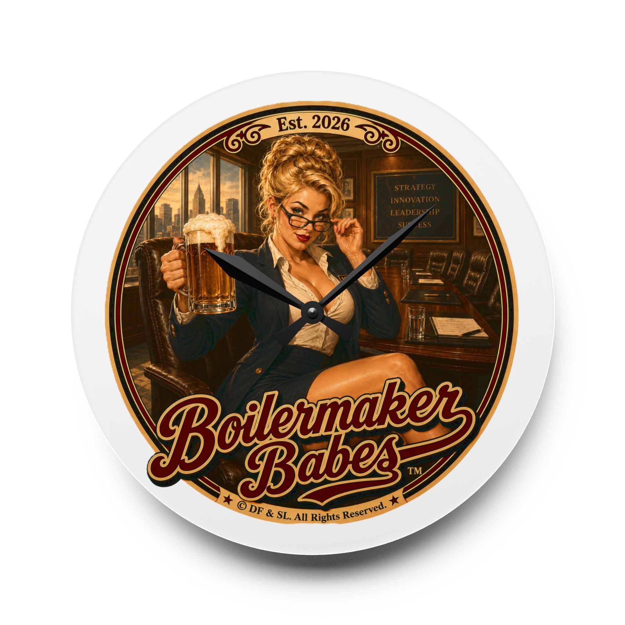BB! Boilermaker Babes ™ Retro Pin-Up Acrylic Wall Clock — Vintage Brewery Bar Decor
