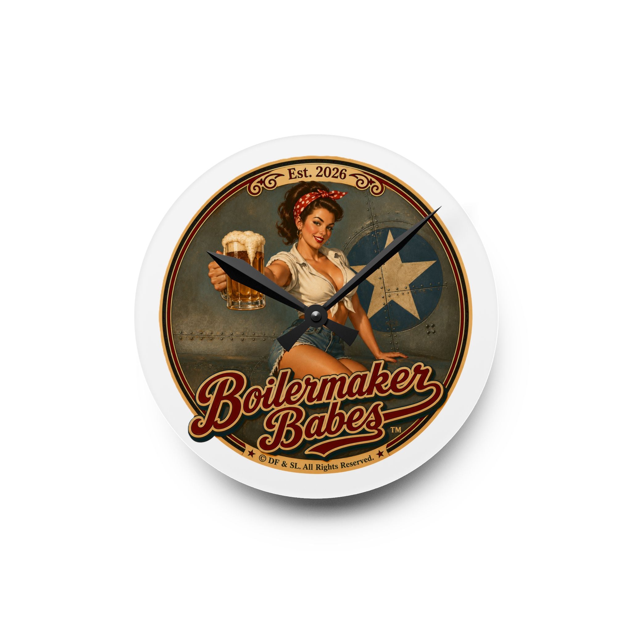Rivets! (F) Boilermaker Babes ™ Retro Pin-Up Acrylic Wall Clock — Vintage Bar Decor
