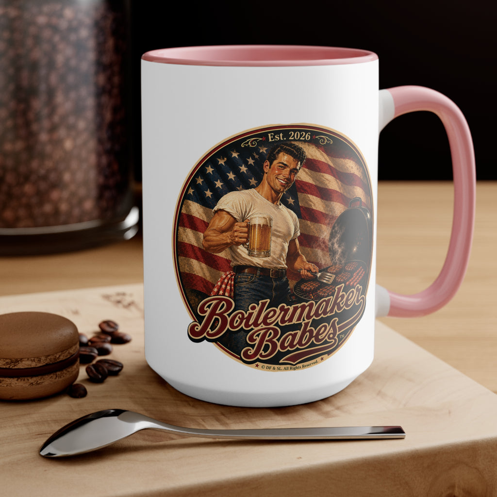 Jon 250! (M) – 15oz. Accent Mug - Boilermaker Babes ™ Vintage Style Pin-Up Art for 4th July