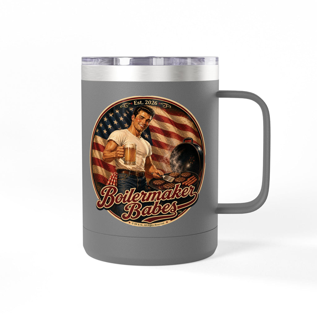 Jon 250! (M) – 15oz. Insulated Mug - Boilermaker Babes ™ Vintage Style Pin-Up Art for 4th July