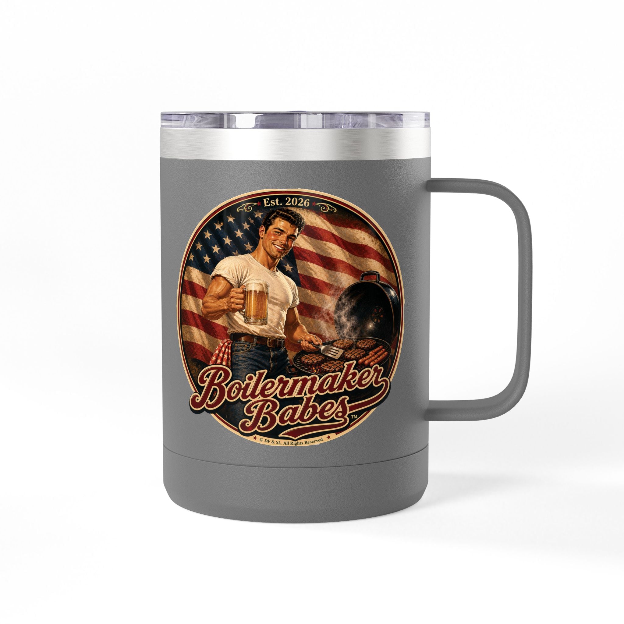 Jon 250! (M) – 15oz. Insulated Mug - Boilermaker Babes ™ Vintage Style Pin-Up Art for 4th July