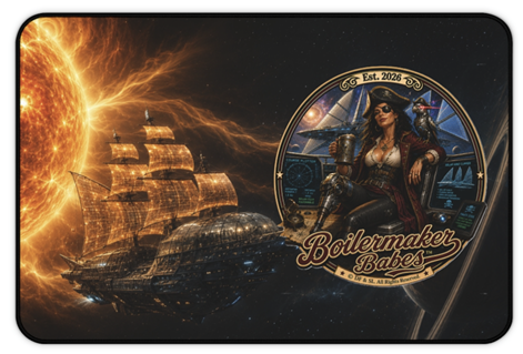 Steampunk Desk Mat | Cali! Boilermaker Babes™ Future-Past Solar Sail Sky Pirate Retro Pin-Up Art Gift - Nautical Pin-Up