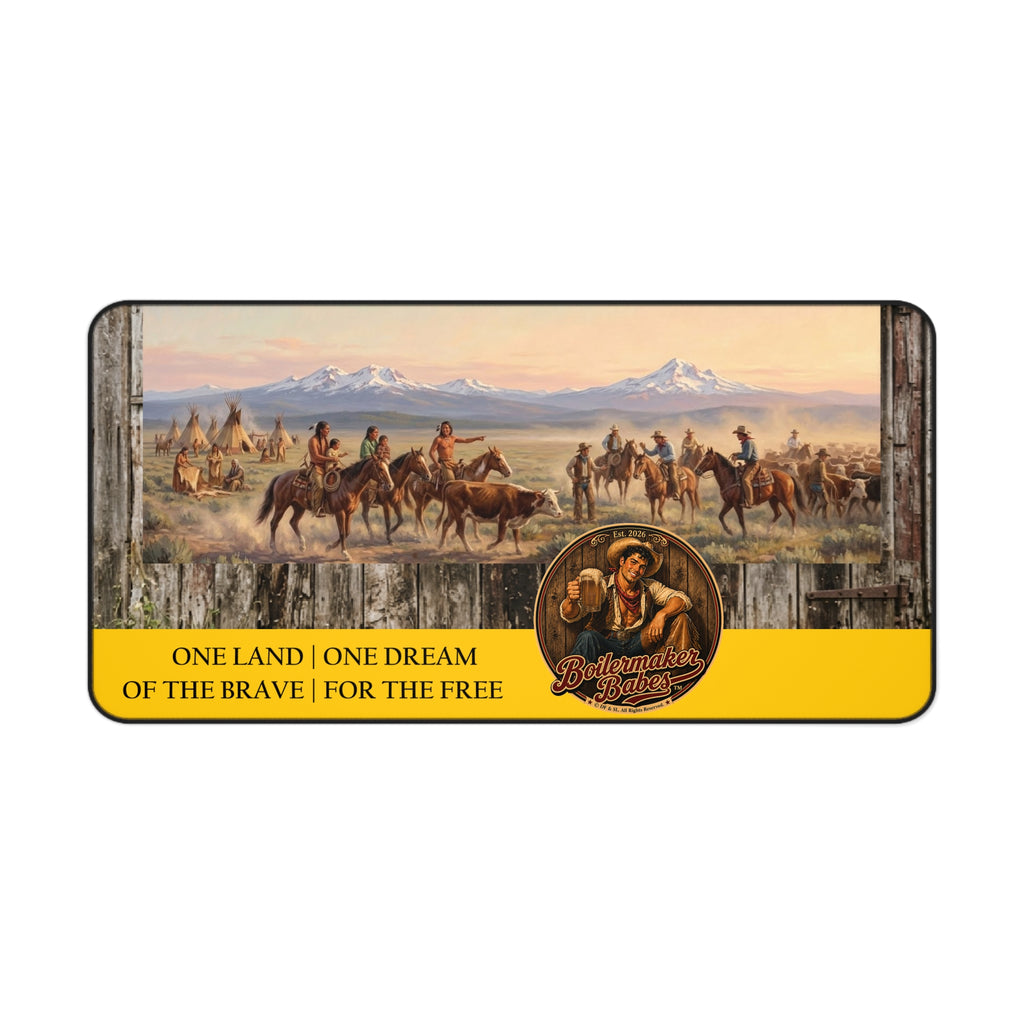 Western Cowboy Desk Mat — "One Land • One Dream — Of the Brave | For the Free"