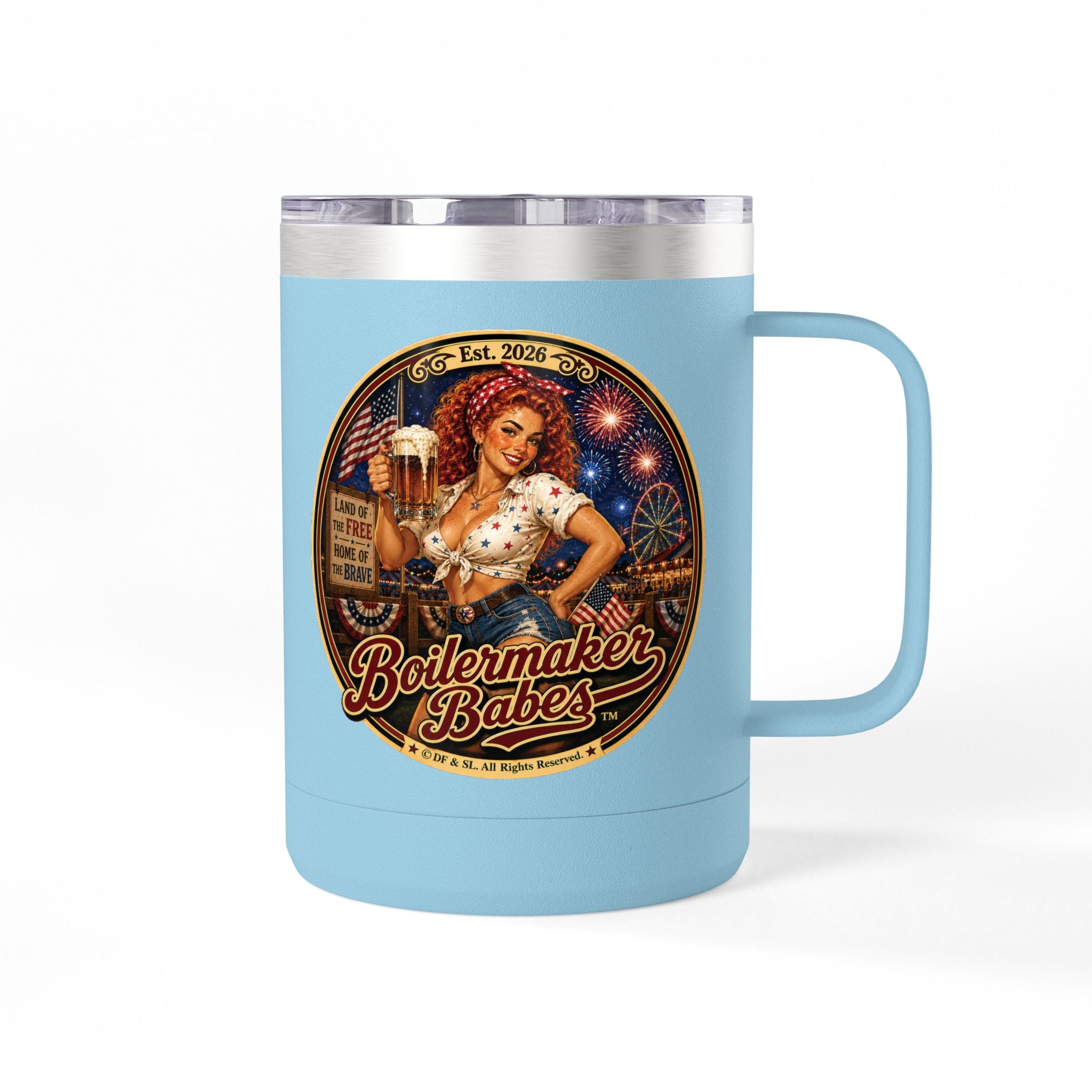 Juli 250! (F)– 15oz. Insulated Mug - Boilermaker Babes ™ Vintage Style Pin-Up Art for 4th July