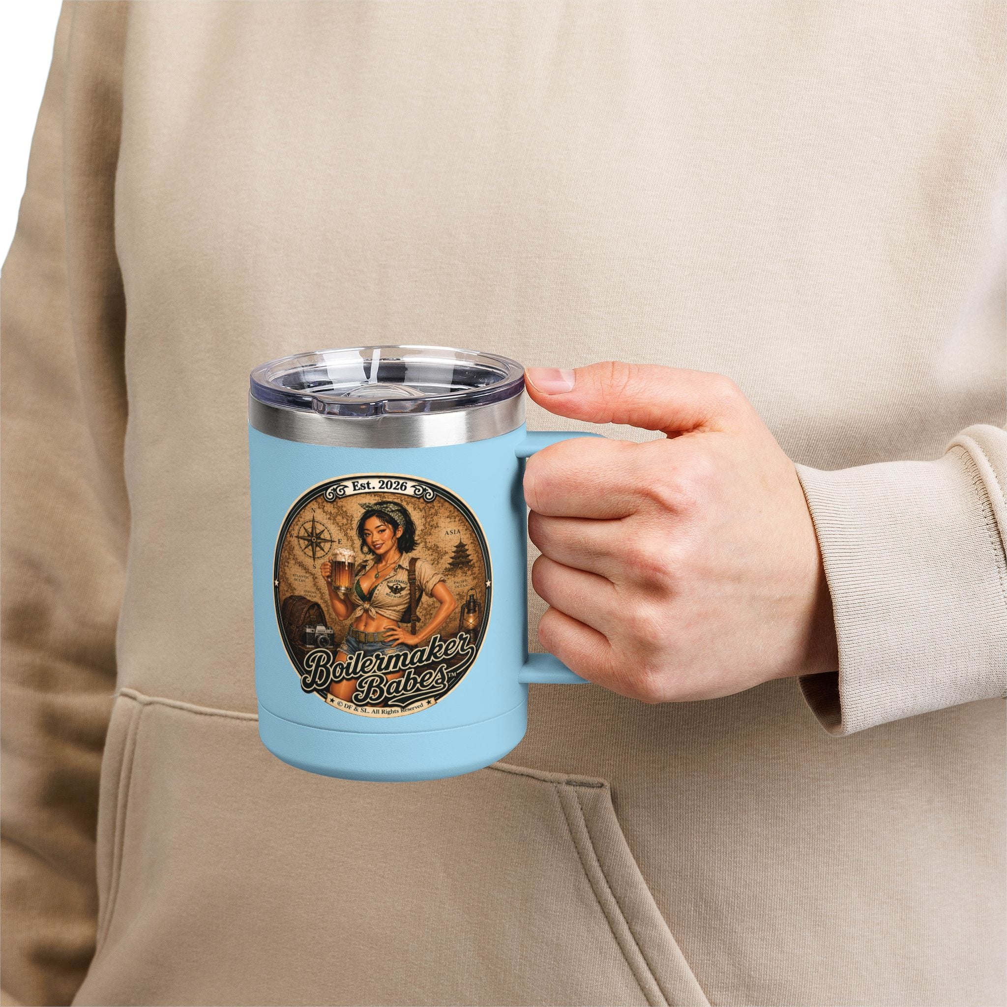Xplore! (F) – 15oz. Insulated Mug - Boilermaker Babes ™ Vintage Style Pin-Up Art