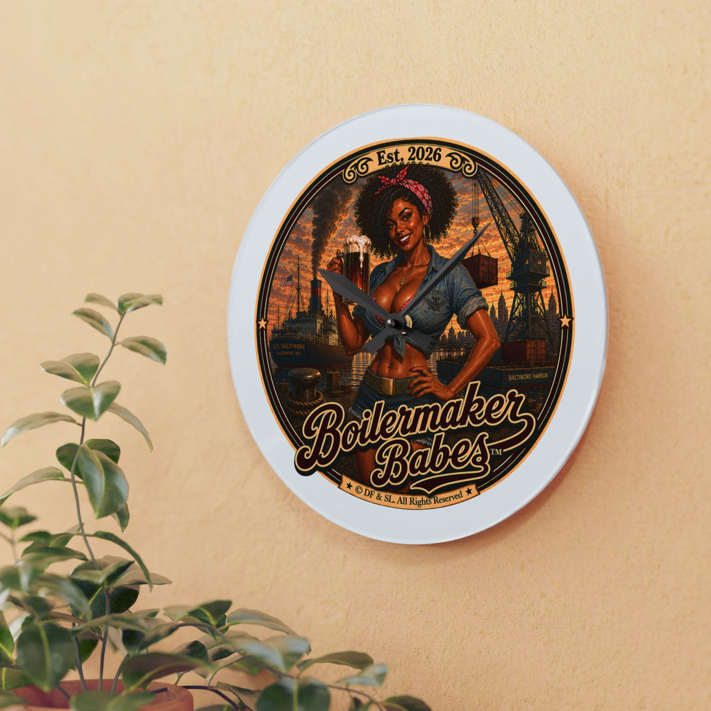 Docke! (F) Acrylic Wall Clock — Vintage Boilermaker Babes ™ Pin-Up Industrial Clock