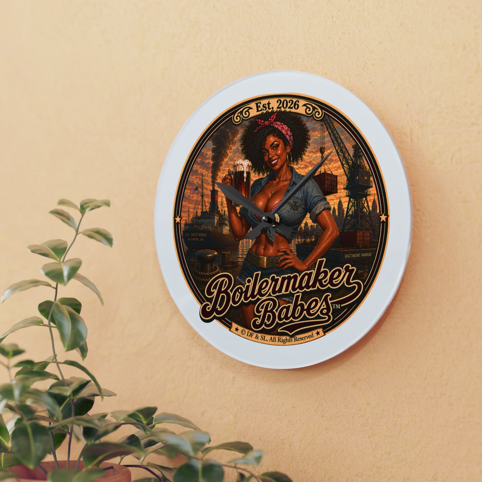 Docke! (F) Acrylic Wall Clock — Vintage Boilermaker Babes ™ Pin-Up Industrial Clock