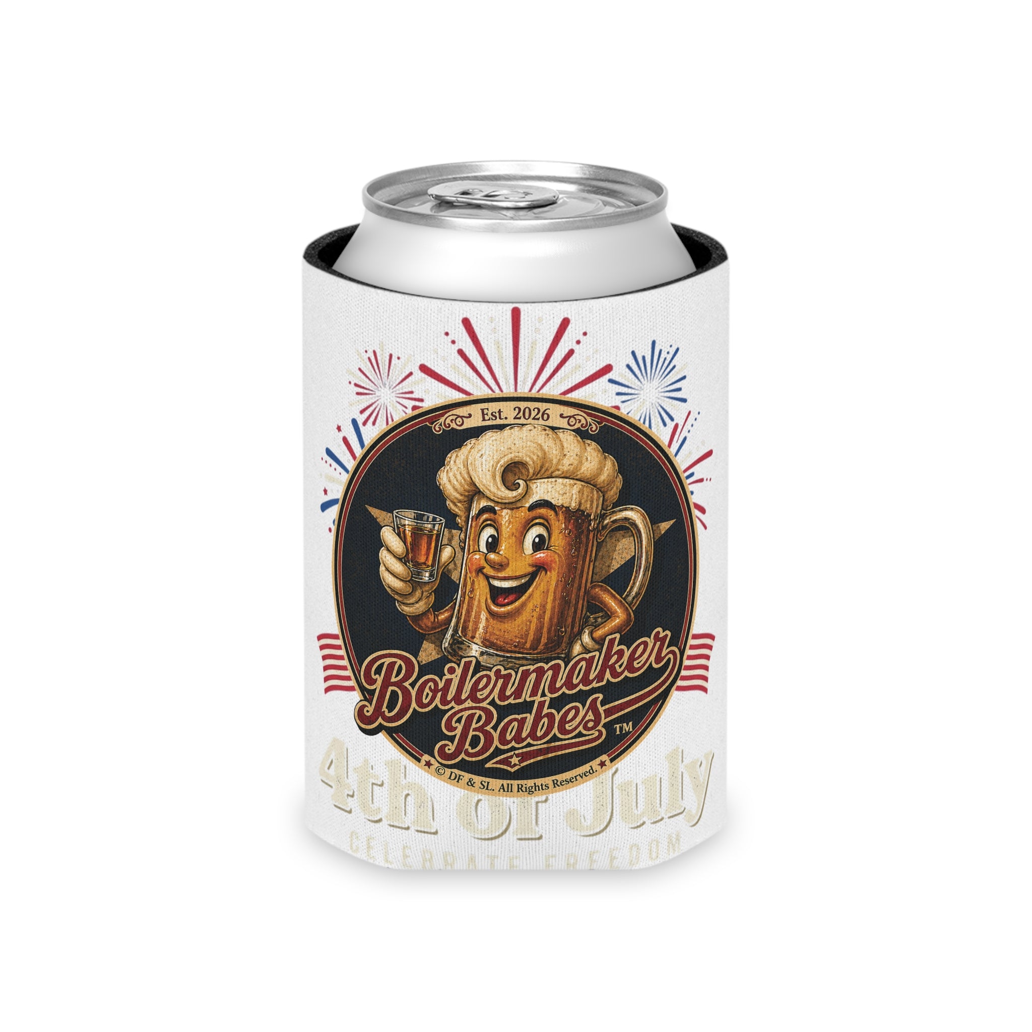 Jon 250! (M) – Can Sleeve - Boilermaker Babes ™ Vintage Style Pin-Up Art for 4th July