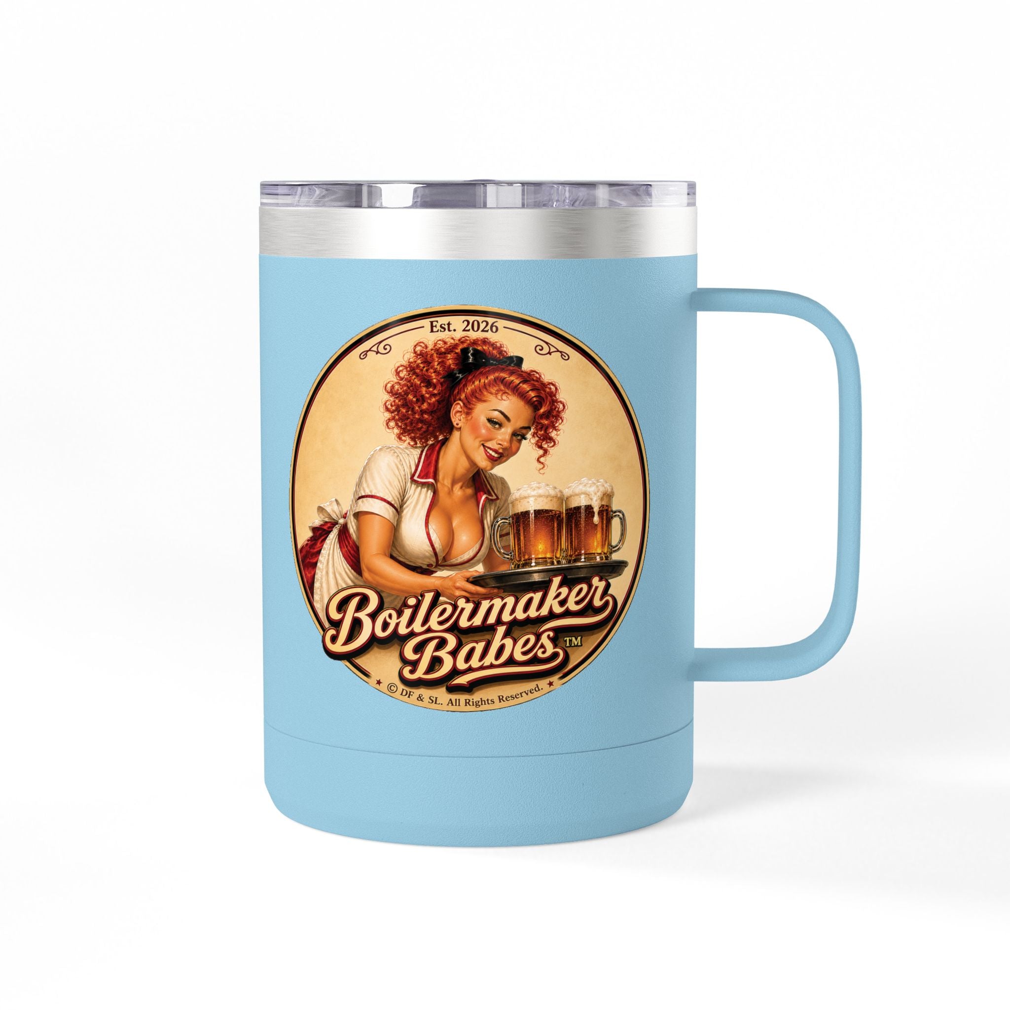 BB! (F) – 15oz. Insulated Mug - Boilermaker Babes ™ Vintage Style Pin-Up Art