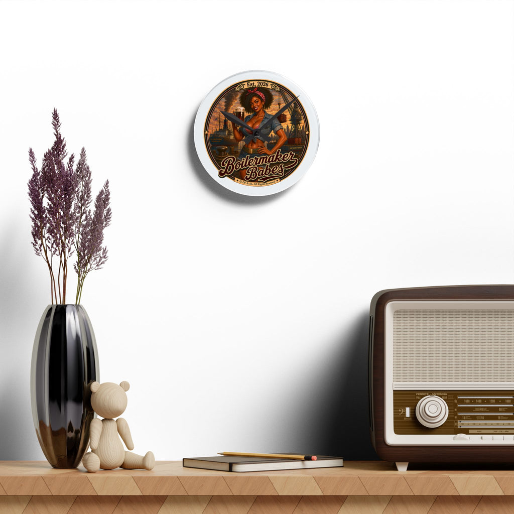 Docke! (F) Acrylic Wall Clock — Vintage Boilermaker Babes ™ Pin-Up Industrial Clock