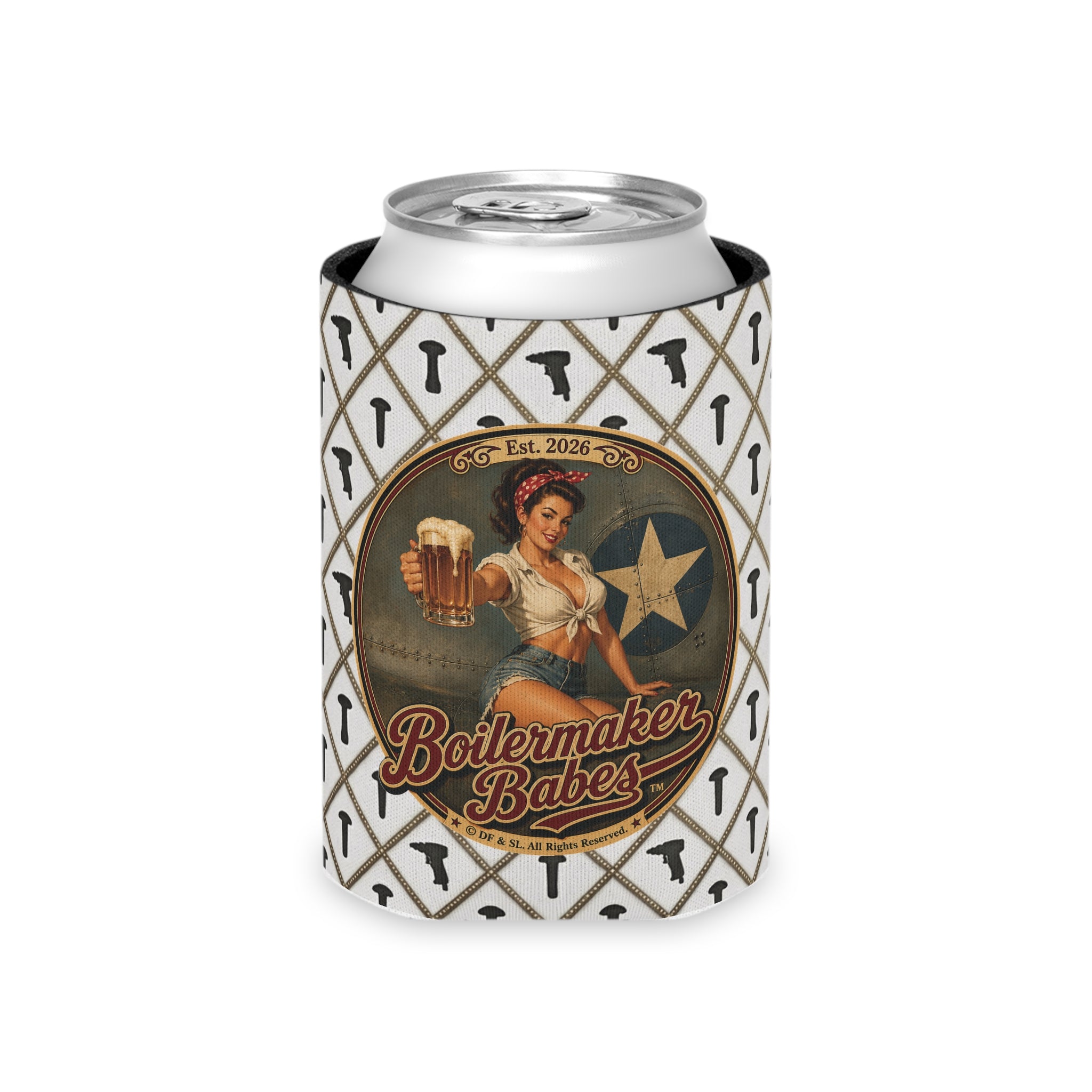 Rivets! (F) – Can Sleeve - Boilermaker Babes ™ Vintage Style Pin-Up Art
