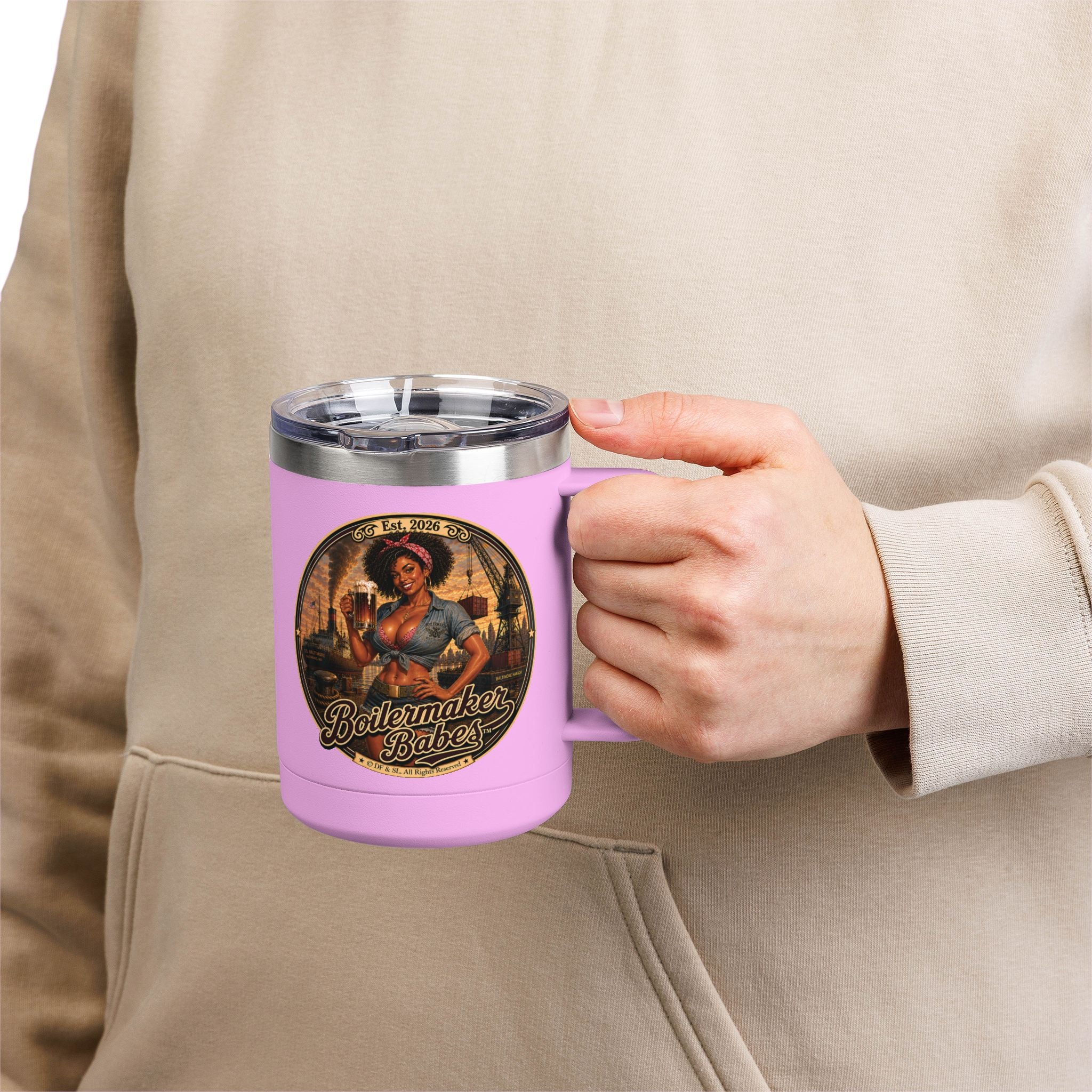 Docke! (F) – 15oz. Insulated Mug - Boilermaker Babes ™ Vintage Style Pin-Up Art
