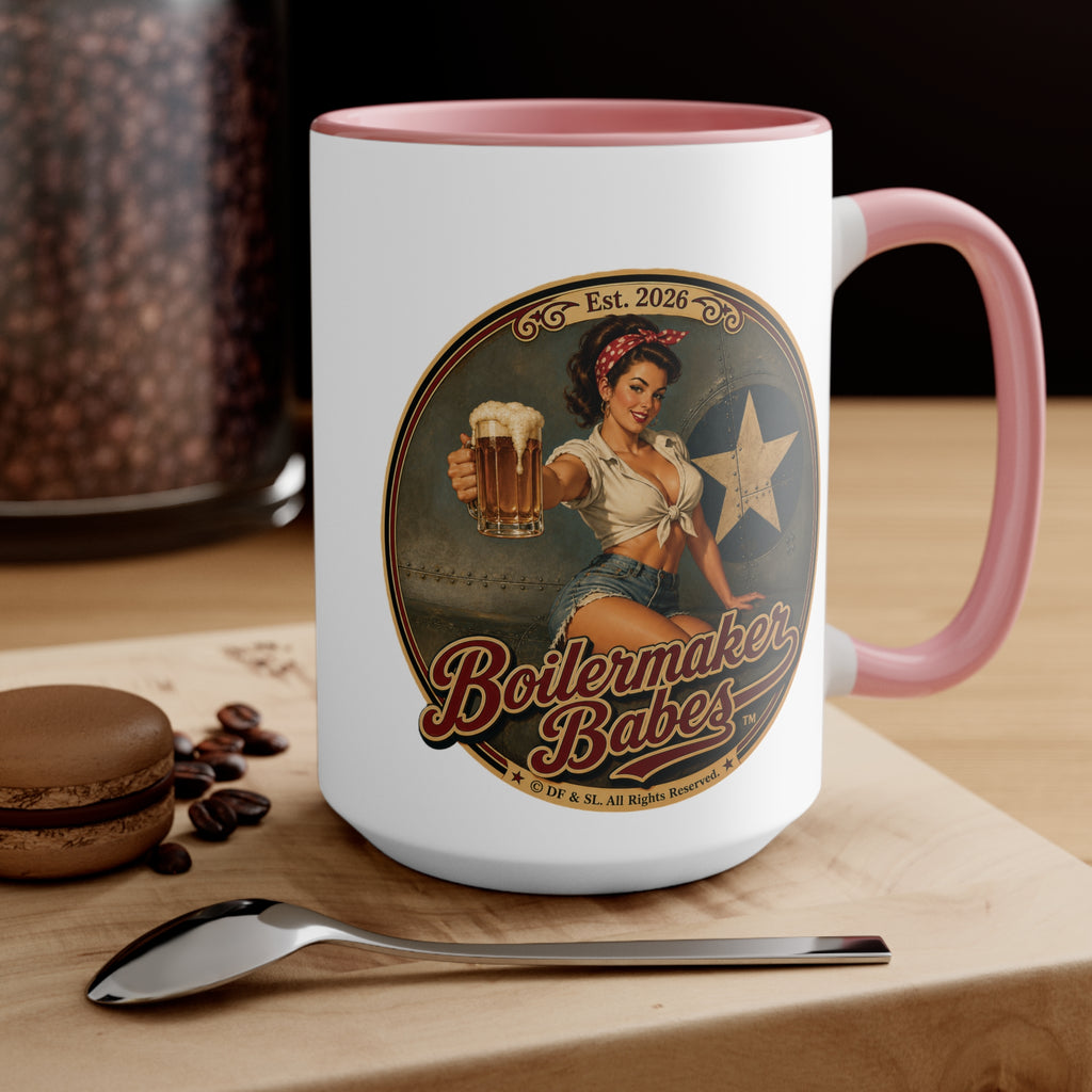 Rivets! (F) – 15oz. Accent Mug - Boilermaker Babes ™ Vintage Style Pin-Up Art