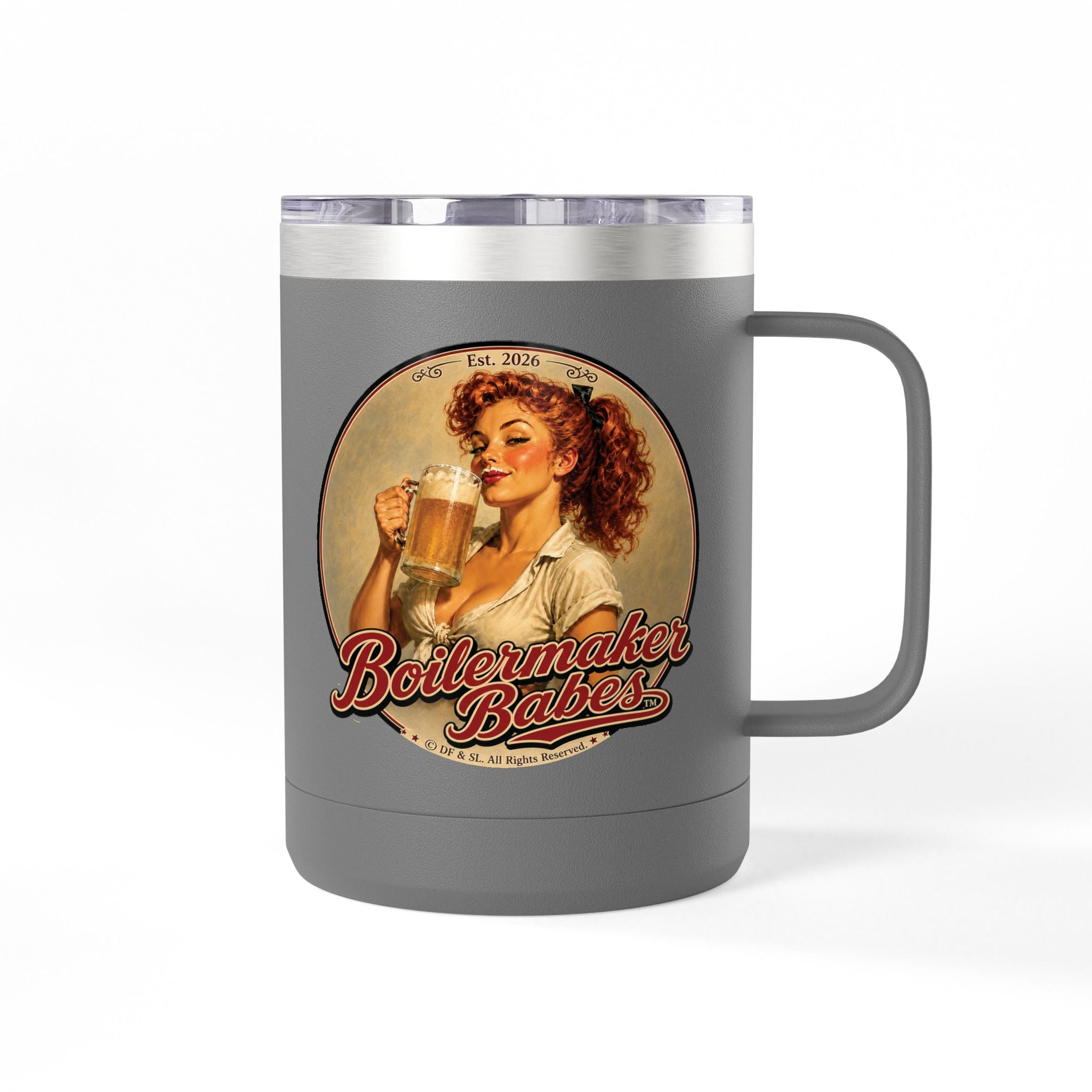 Thursti! (F) – 15oz. Insulated Mug - Boilermaker Babes ™ Vintage Style Pin-Up Art