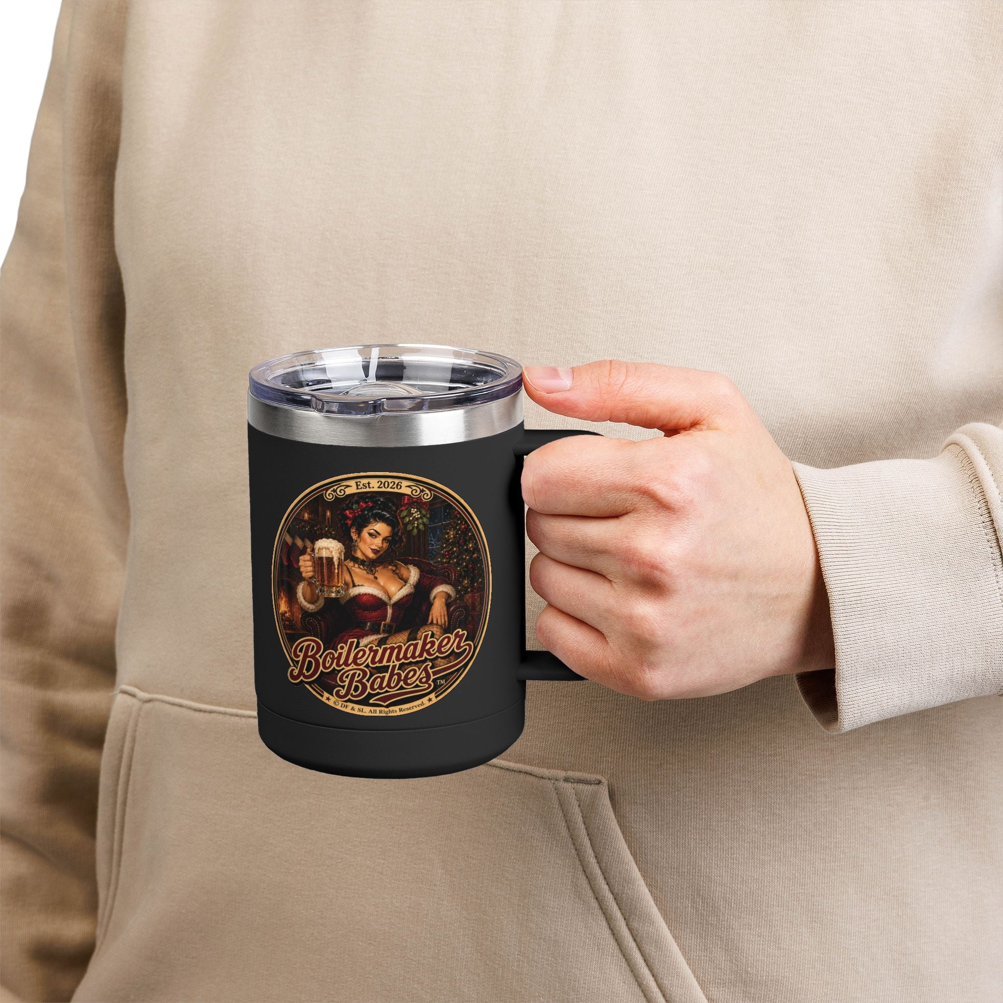 Sati! (F) – 15oz. Insulated Mug - Boilermaker Babes ™ Vintage Style Pin-Up Art