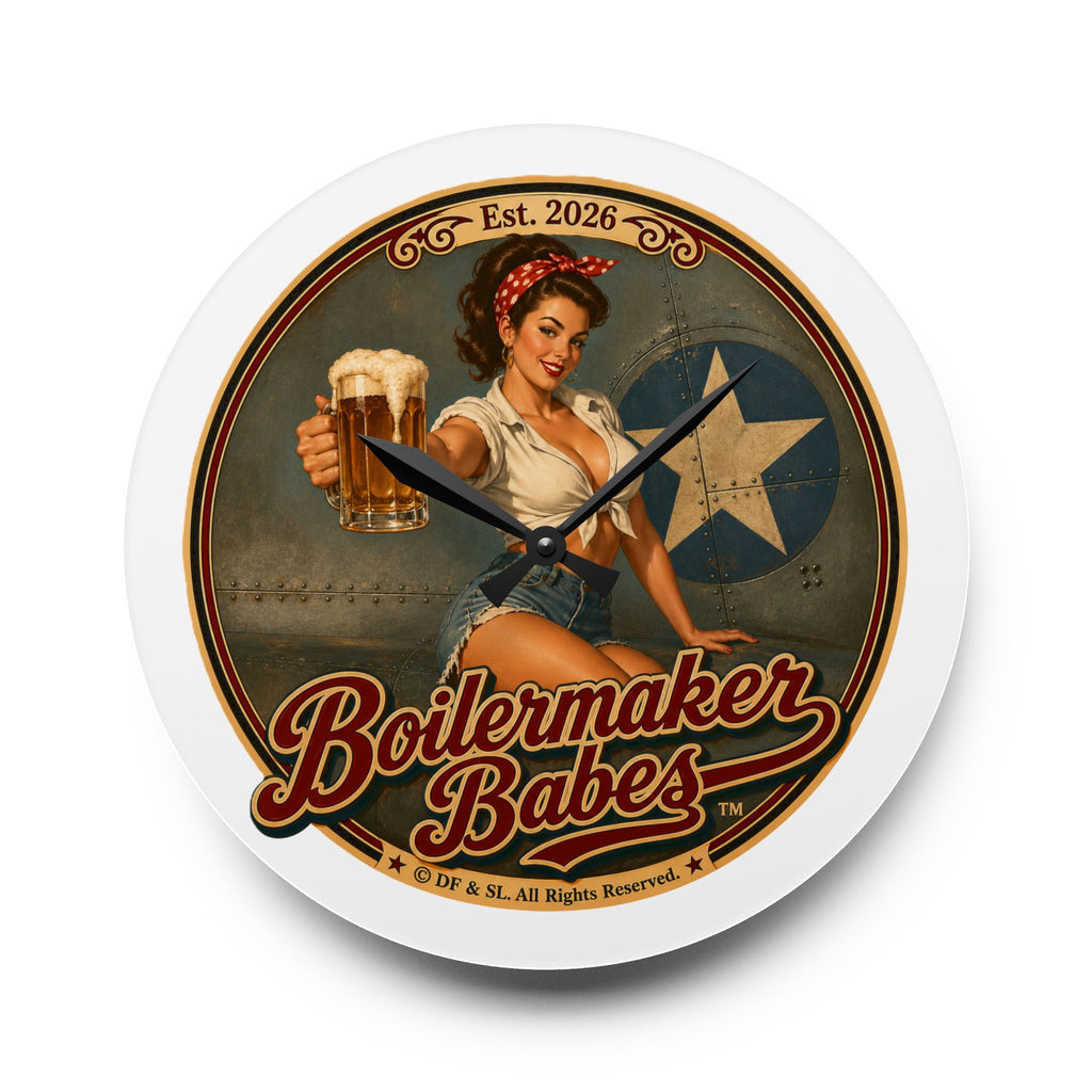 Rivets! (F) Boilermaker Babes ™ Retro Pin-Up Acrylic Wall Clock — Vintage Bar Decor