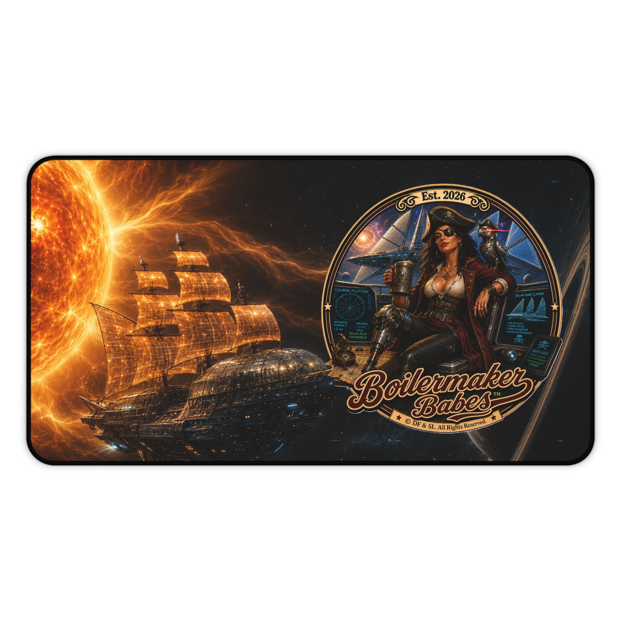 Steampunk Desk Mat | Cali! Boilermaker Babes™ Future-Past Solar Sail Sky Pirate Retro Pin-Up Art Gift - Nautical Pin-Up