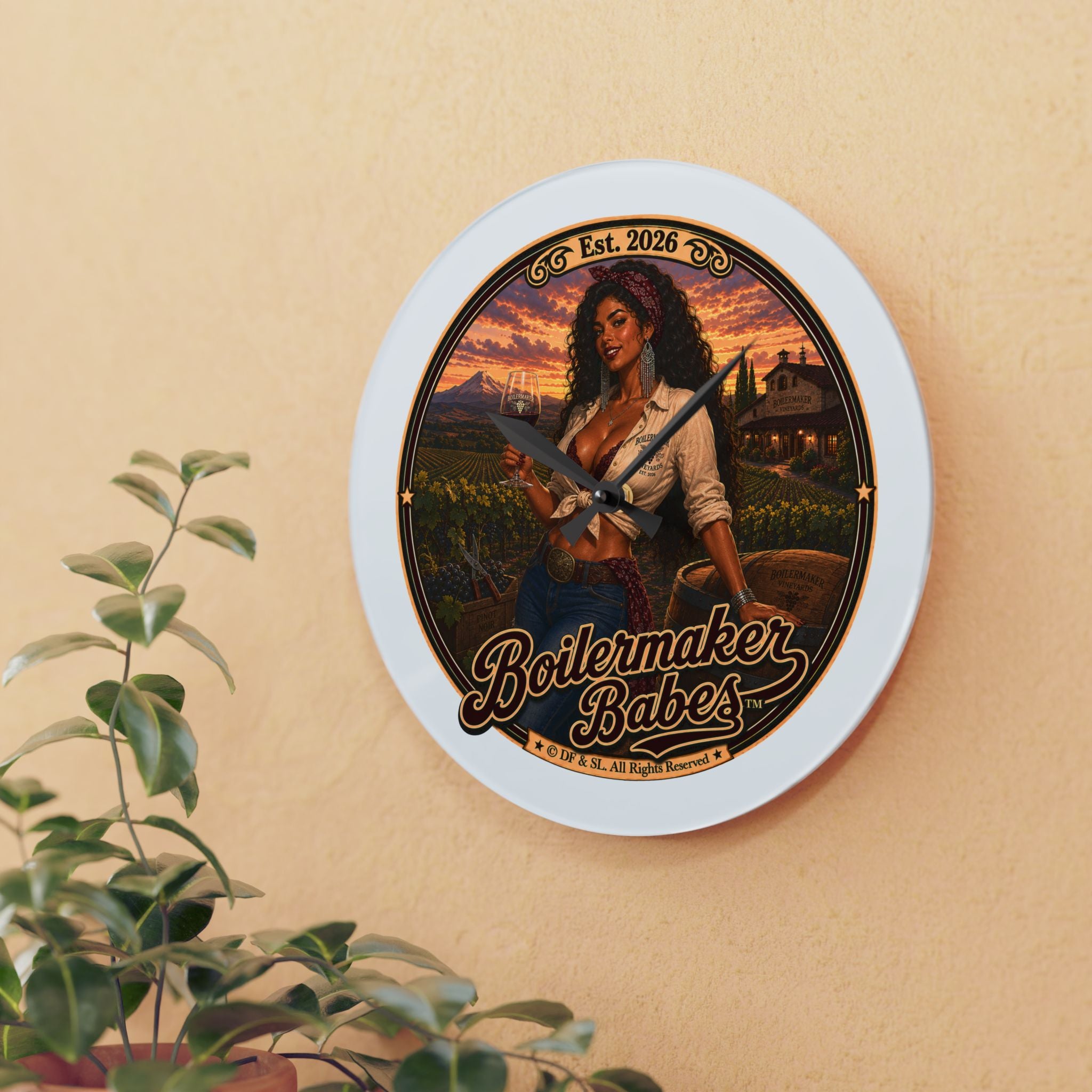 Vini! (F) Boilermaker Babes ™ Vintage Pin-Up Acrylic Wall Clock — Rustic Farmhouse Kitchen Decor