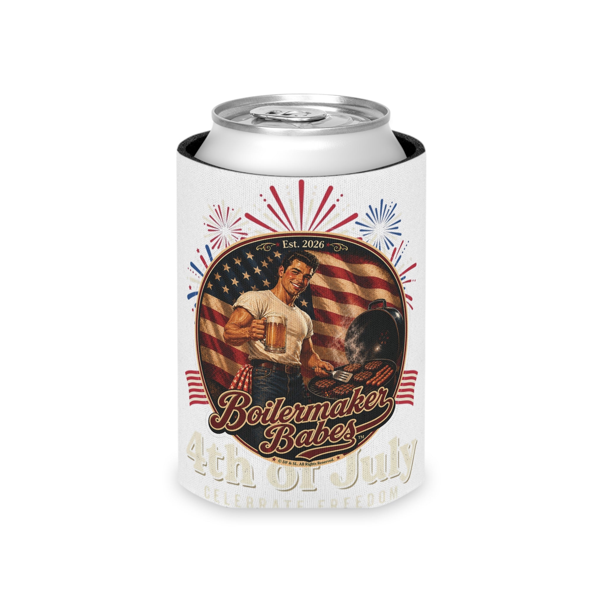 Jon 250! (M) – Can Sleeve - Boilermaker Babes ™ Vintage Style Pin-Up Art for 4th July