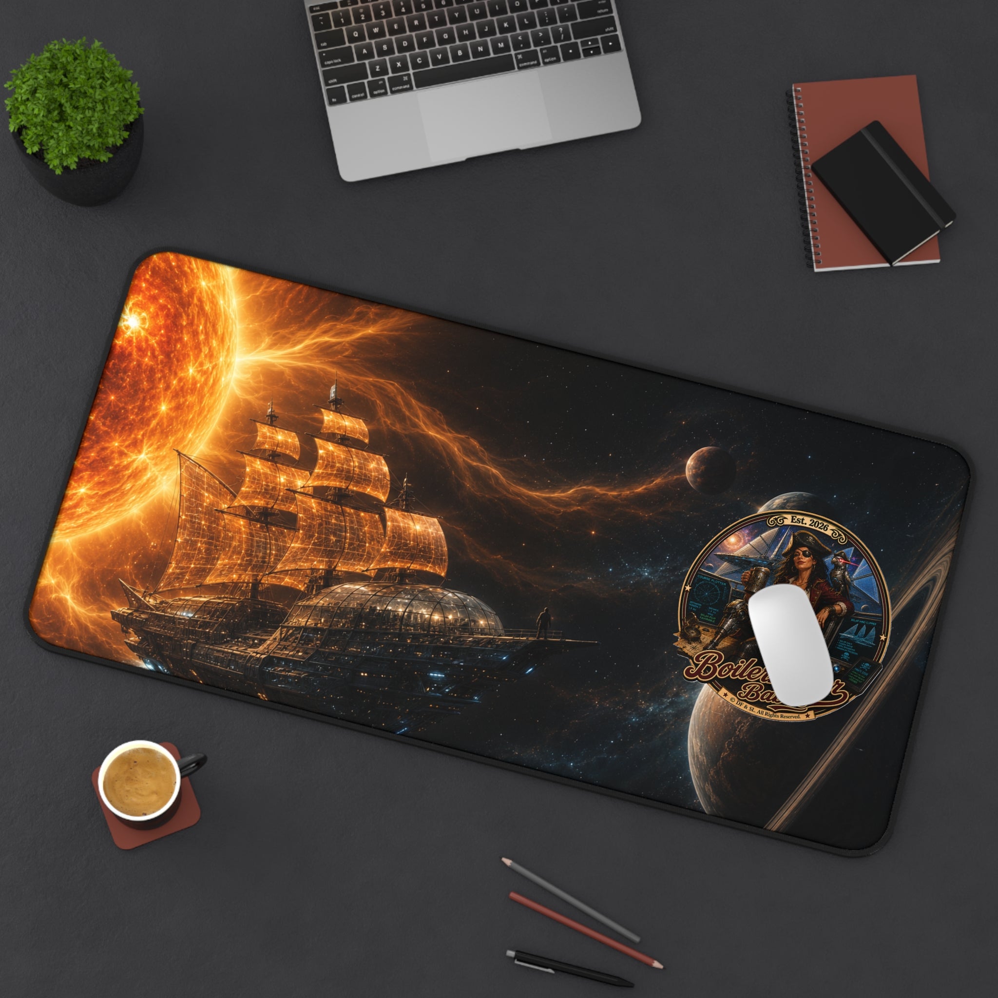 Steampunk Desk Mat | Cali! Boilermaker Babes™ Future-Past Solar Sail Sky Pirate Retro Pin-Up Art Gift - Nautical Pin-Up