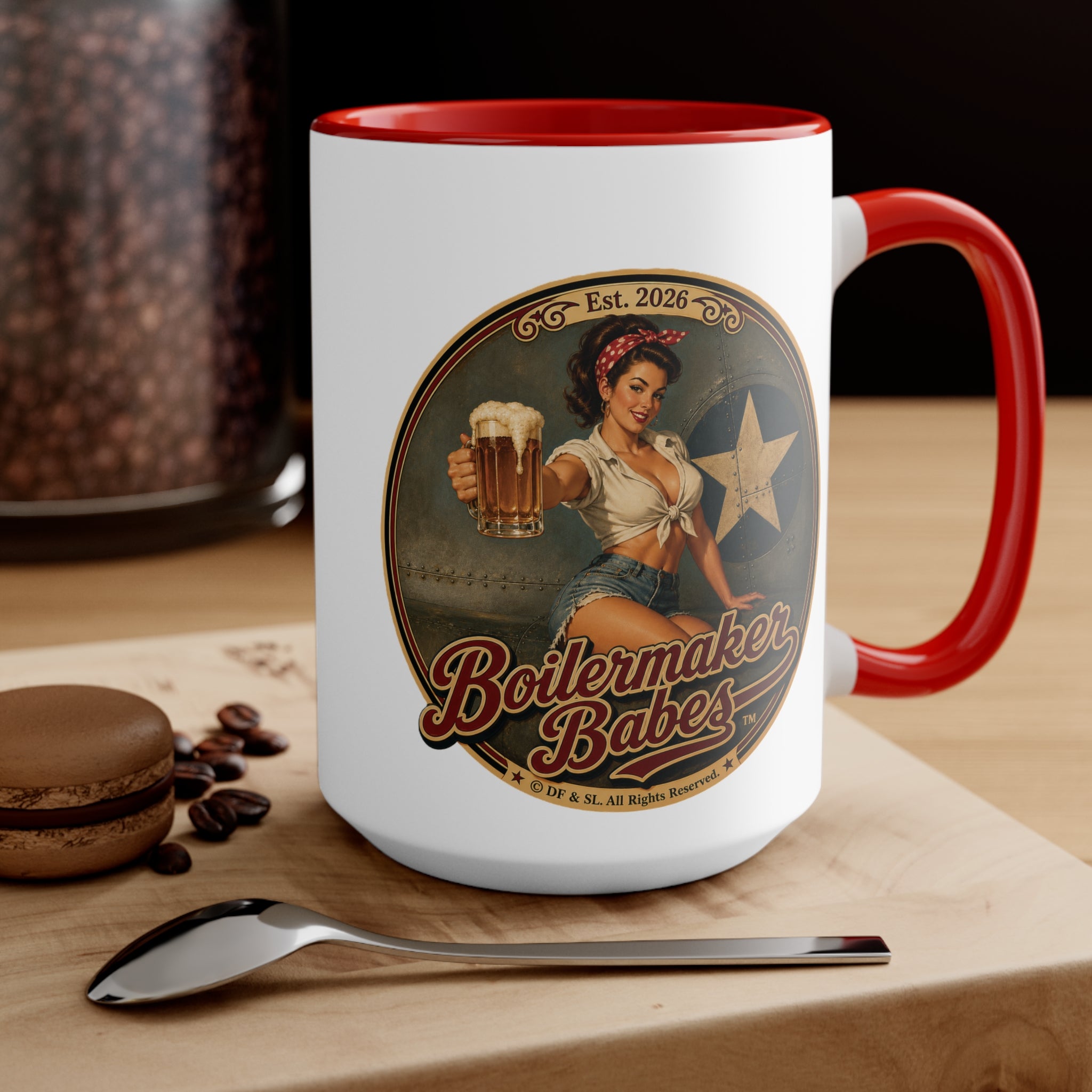 Rivets! (F) – 15oz. Accent Mug - Boilermaker Babes ™ Vintage Style Pin-Up Art