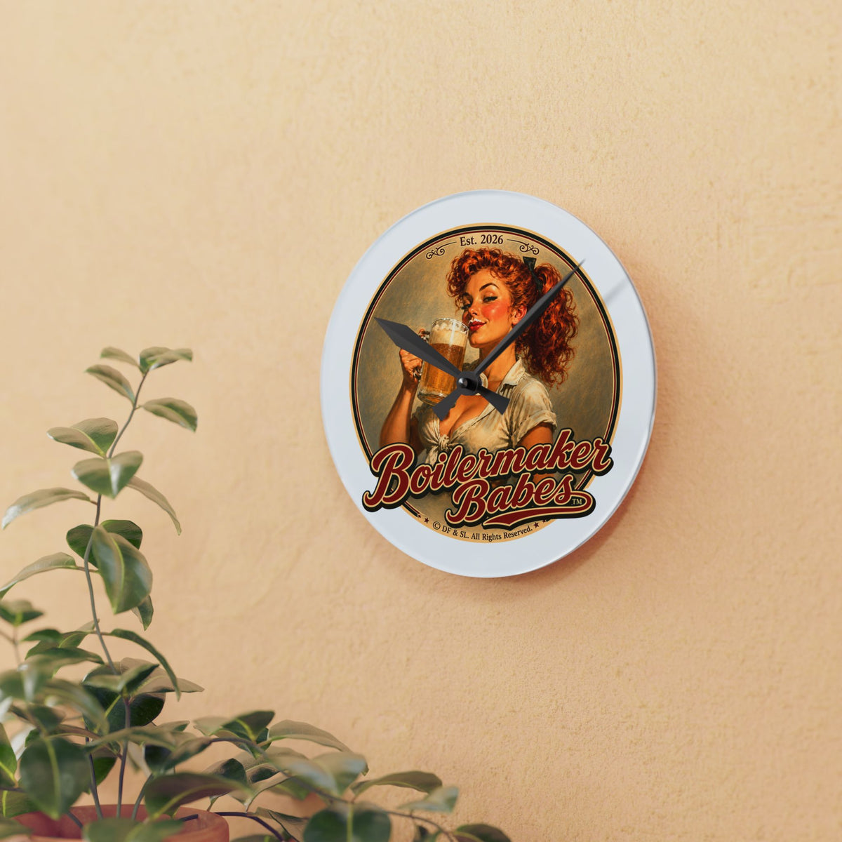 Thursti! (F) Boilermaker Babes ™ Retro Pin-Up Acrylic Wall Clock — Vintage Bar Decor