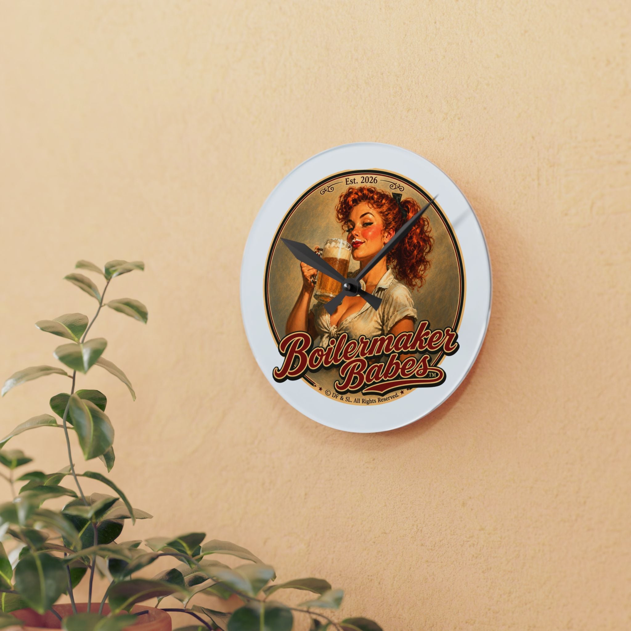 Thursti! (F) Boilermaker Babes ™ Retro Pin-Up Acrylic Wall Clock — Vintage Bar Decor