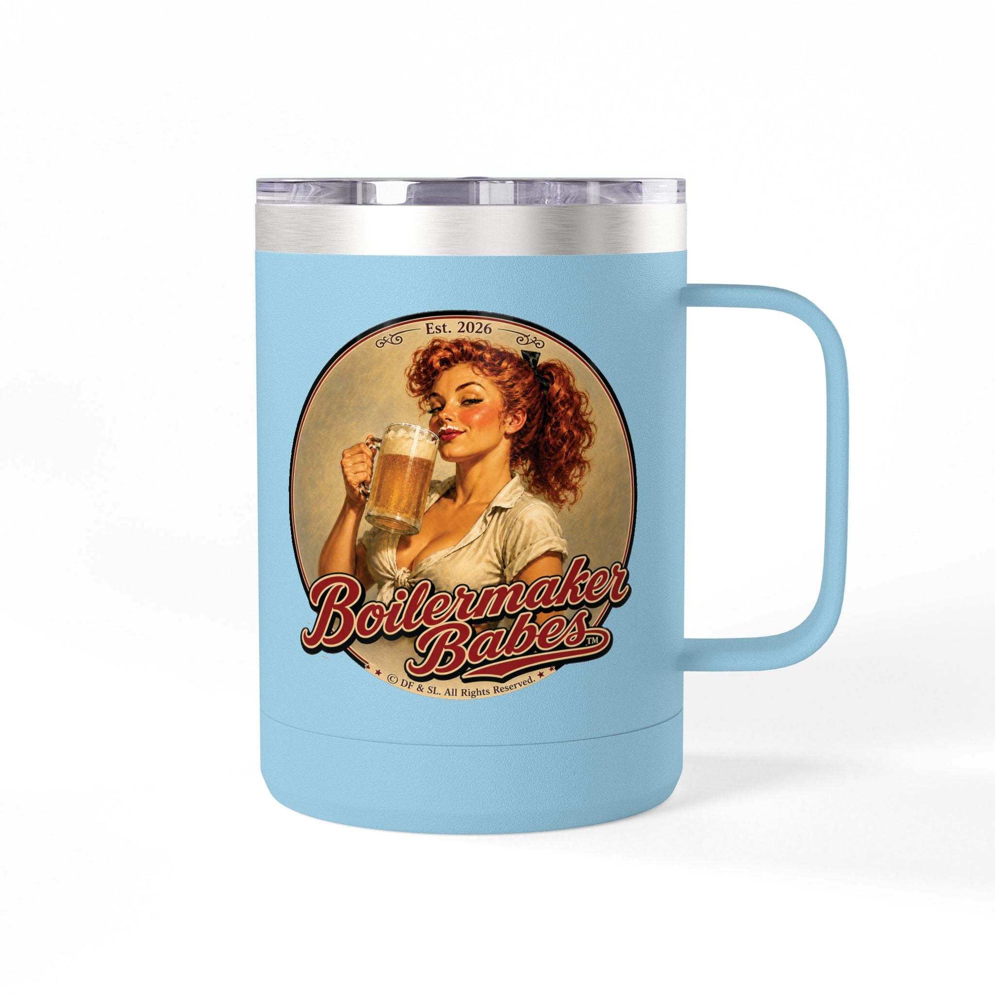 Thursti! (F) – 15oz. Insulated Mug - Boilermaker Babes ™ Vintage Style Pin-Up Art