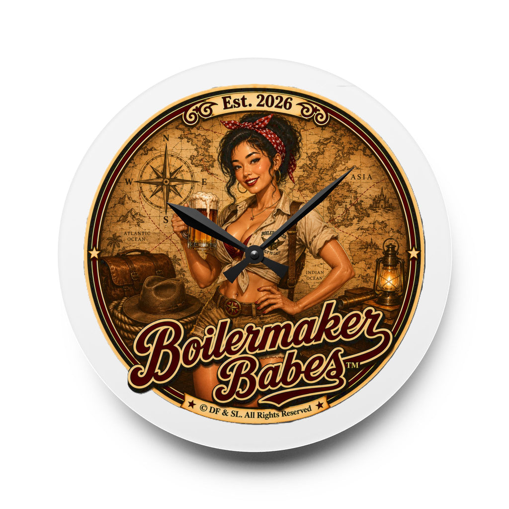 Xplore! (F) Boilermaker Babes ™ Acrylic Wall Clock — Vintage Pin-Up Nautical Decor