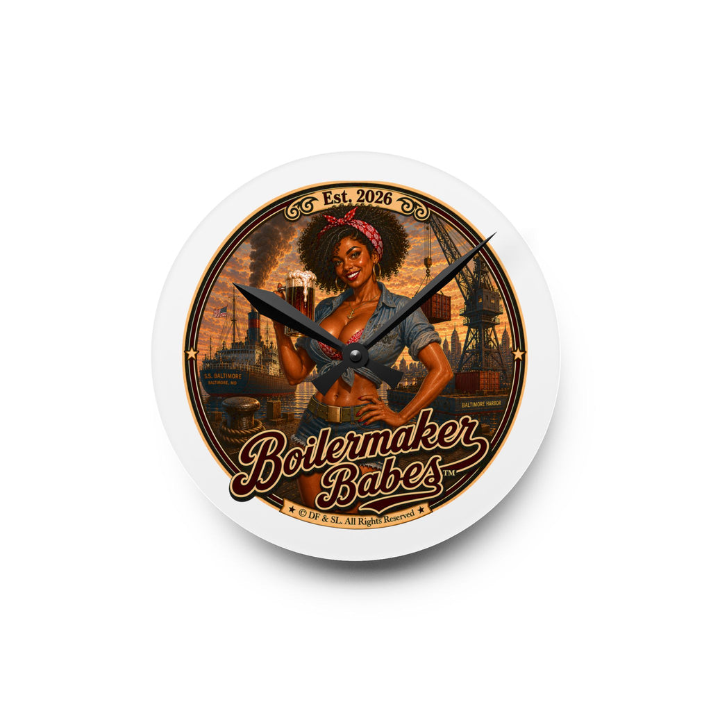 Docke! (F) Acrylic Wall Clock — Vintage Boilermaker Babes ™ Pin-Up Industrial Clock