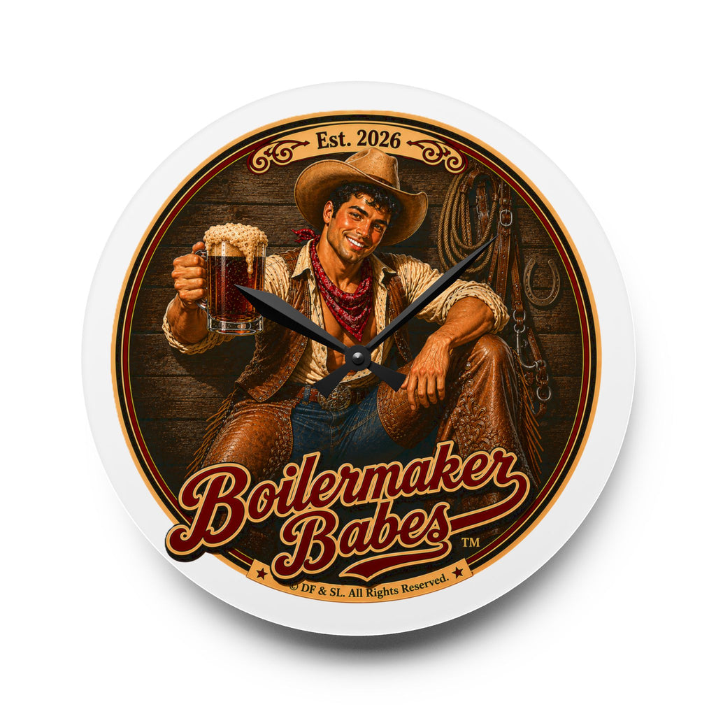 Cowboy Up! (F) Acrylic Wall Clock — Vintage Boilermaker Babes ™ Pin-Up Industrial Clock