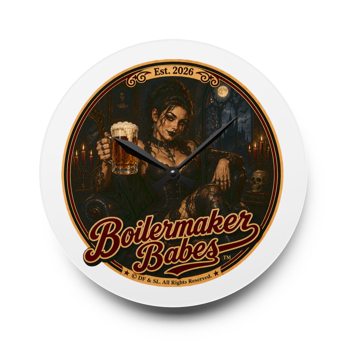Spooki! (F) Acrylic Wall Clock — Vintage Boilermaker Babes ™ Pin-Up Industrial Clock