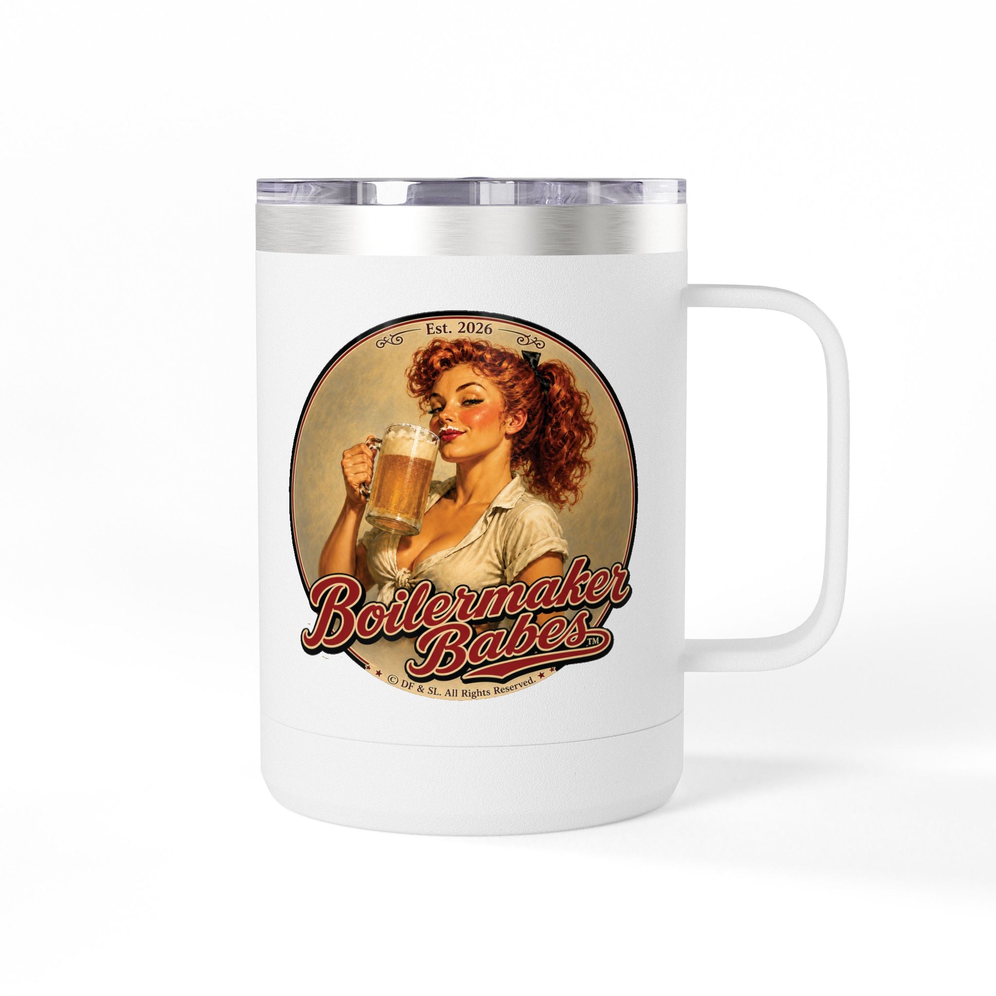 Thursti! (F) – 15oz. Insulated Mug - Boilermaker Babes ™ Vintage Style Pin-Up Art
