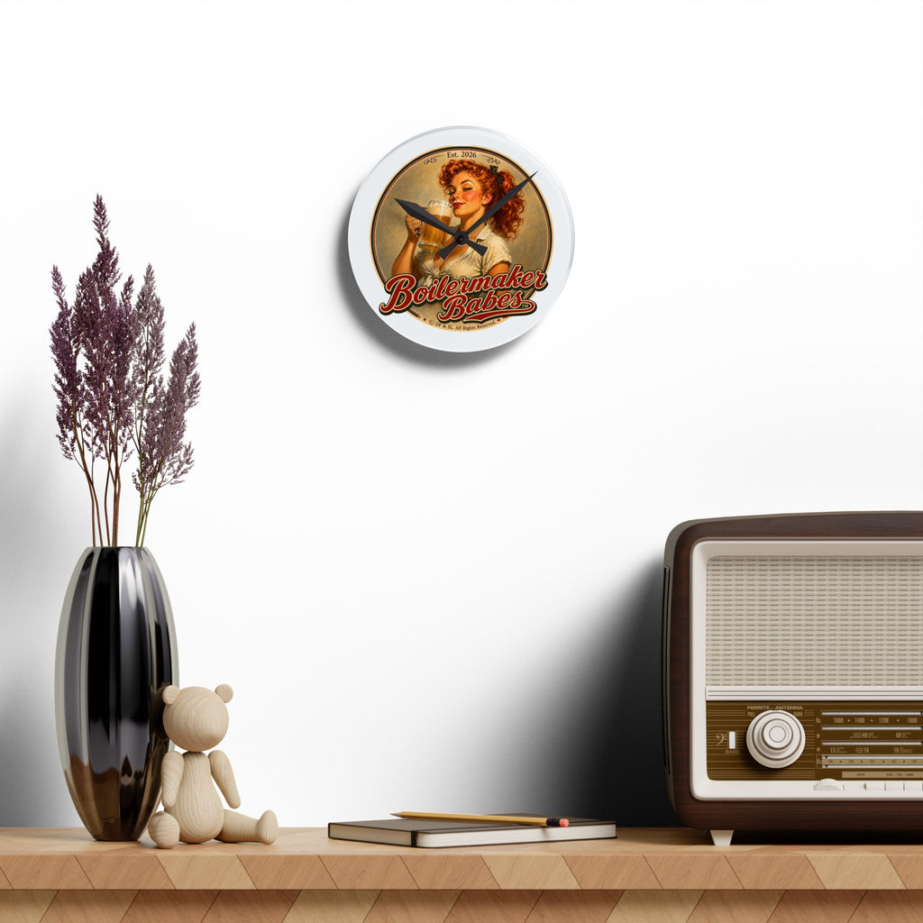Thursti! (F) Boilermaker Babes ™ Retro Pin-Up Acrylic Wall Clock — Vintage Bar Decor