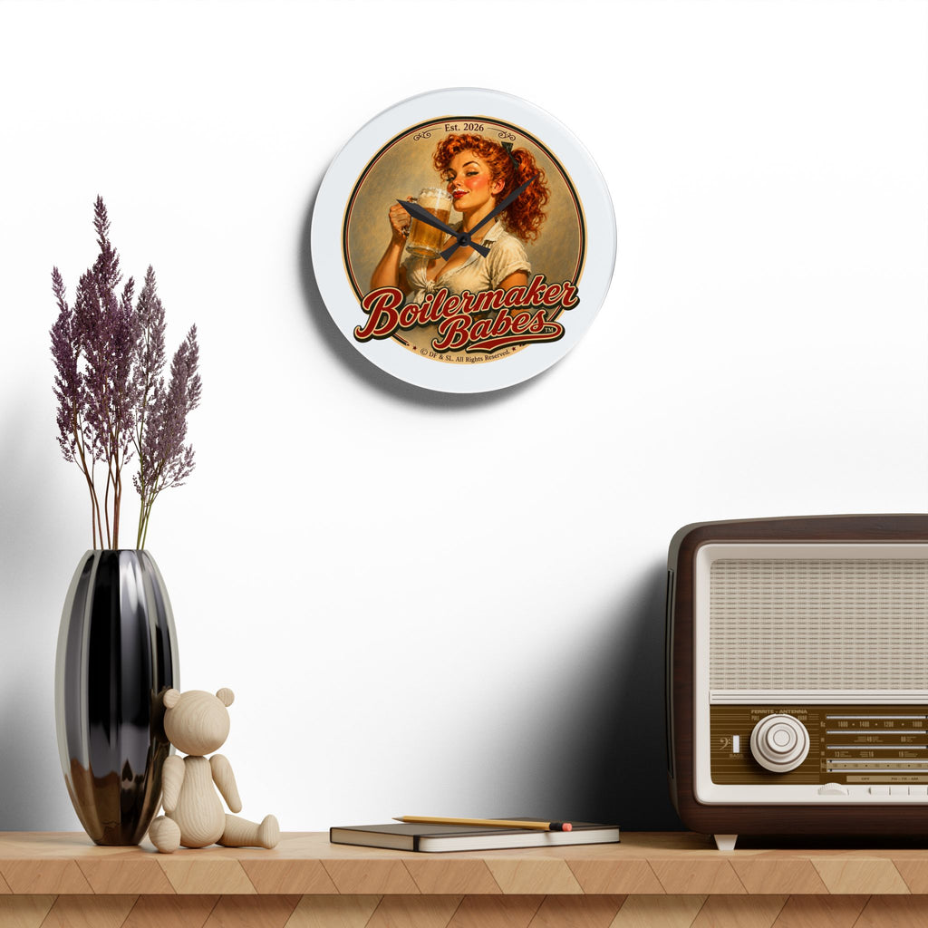 Thursti! (F) Boilermaker Babes ™ Retro Pin-Up Acrylic Wall Clock — Vintage Bar Decor