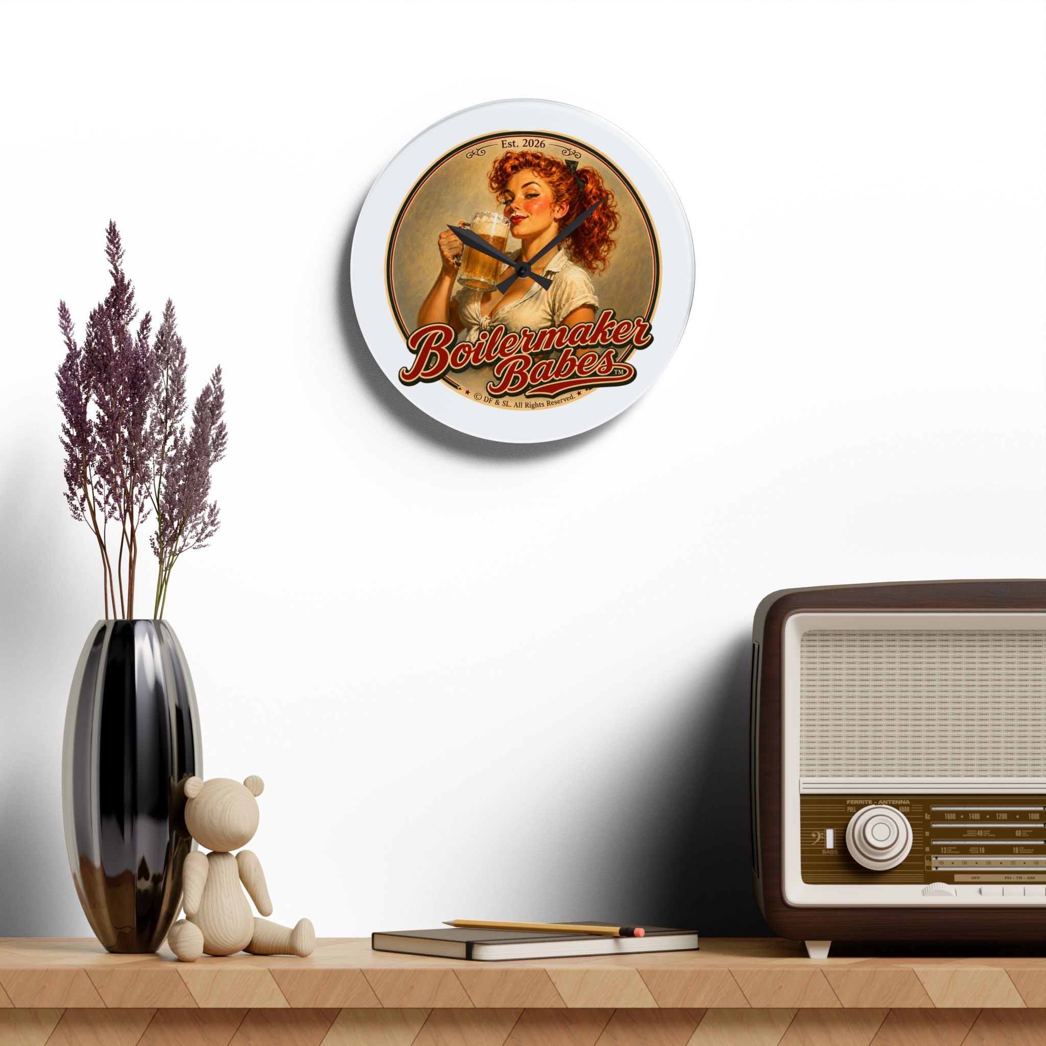 Thursti! (F) Boilermaker Babes ™ Retro Pin-Up Acrylic Wall Clock — Vintage Bar Decor
