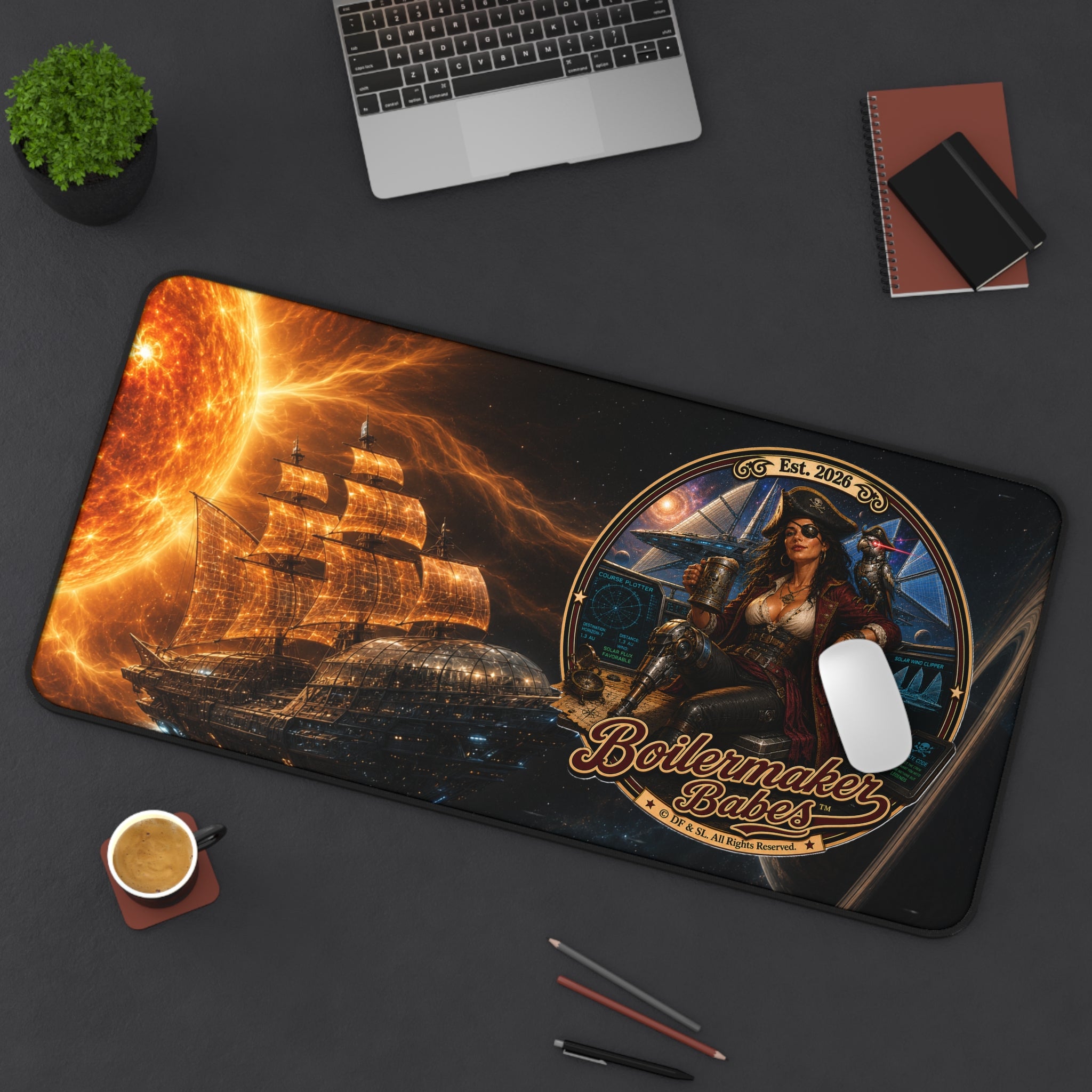 Steampunk Desk Mat | Cali! Boilermaker Babes™ Future-Past Solar Sail Sky Pirate Retro Pin-Up Art Gift - Nautical Pin-Up