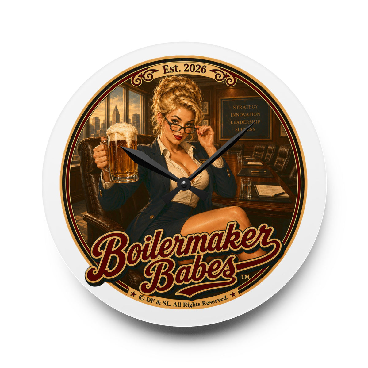 BB! Boilermaker Babes ™ Retro Pin-Up Acrylic Wall Clock — Vintage Brewery Bar Decor