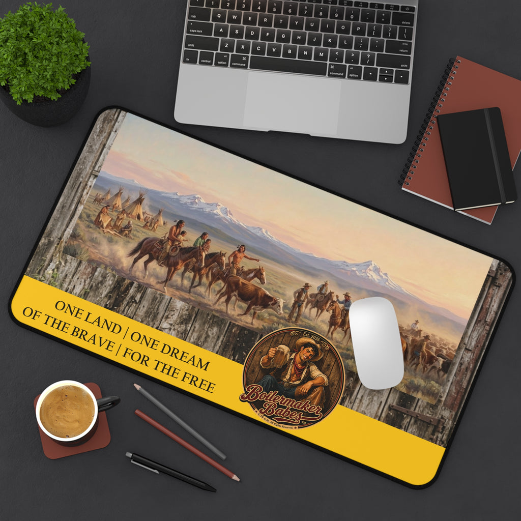 Western Cowboy Desk Mat — "One Land • One Dream — Of the Brave | For the Free"
